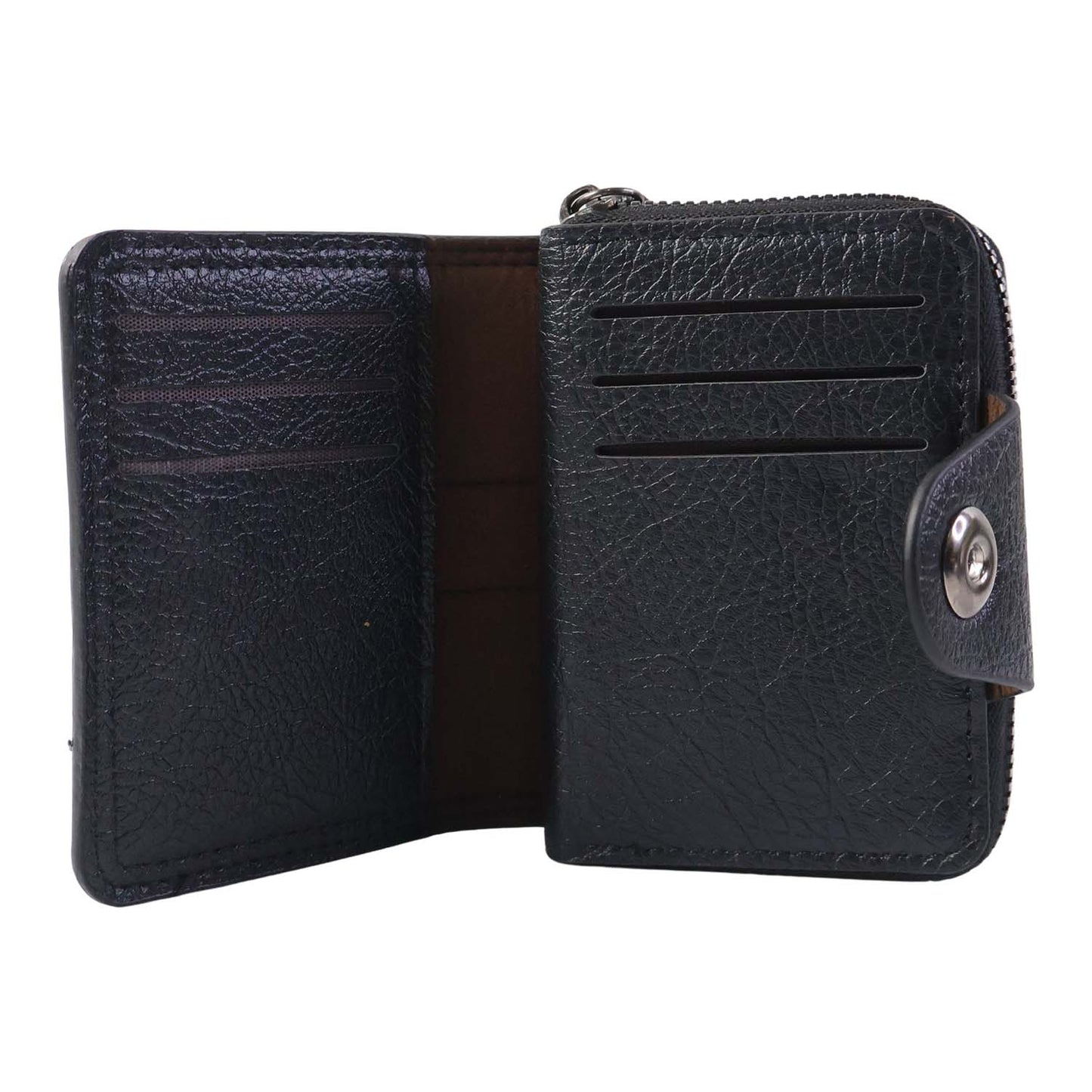 Accordion-style interior of black card holder wallet showing card organizer