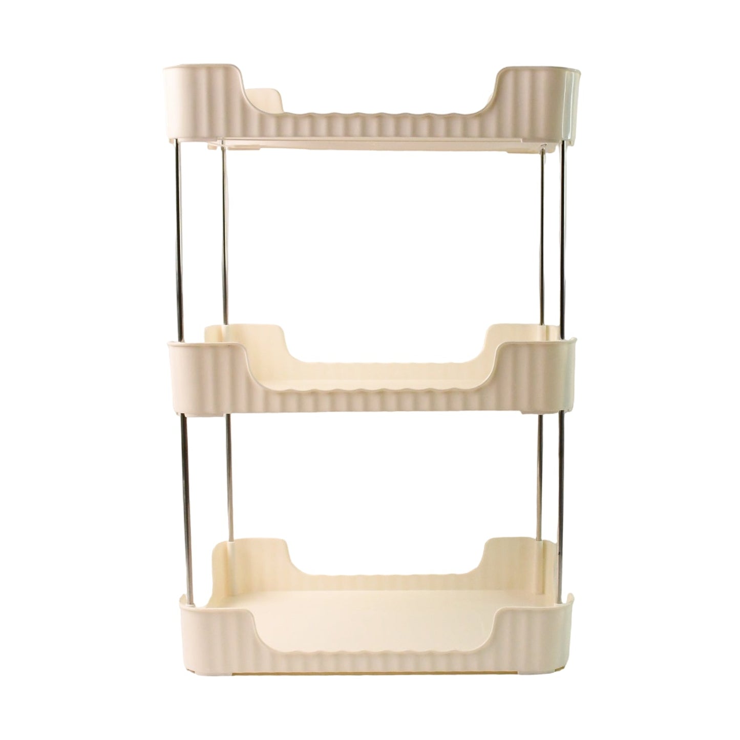 Compact plastic tier shelf with metal rods for corner storage