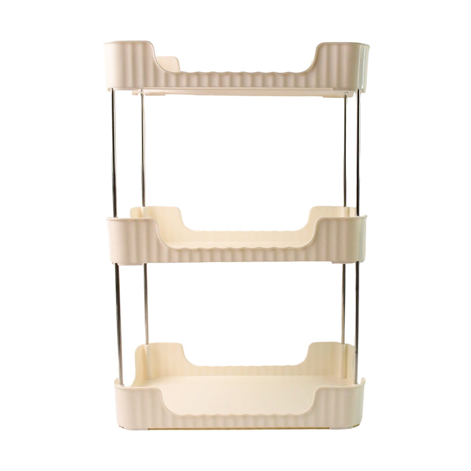 Compact plastic tier shelf with metal rods for corner storage