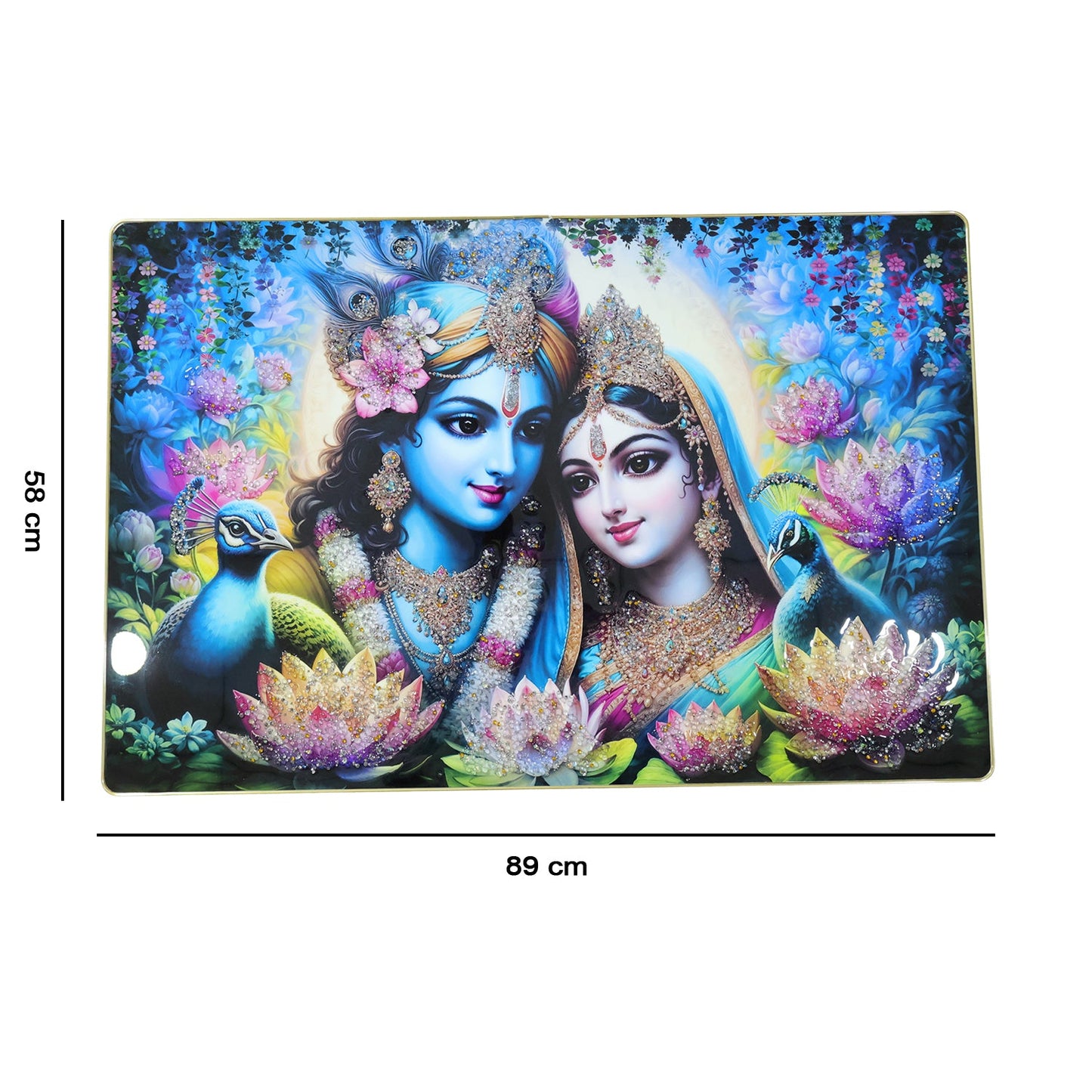 Size chart for Radha Krishna wall frame, dimensions displayed