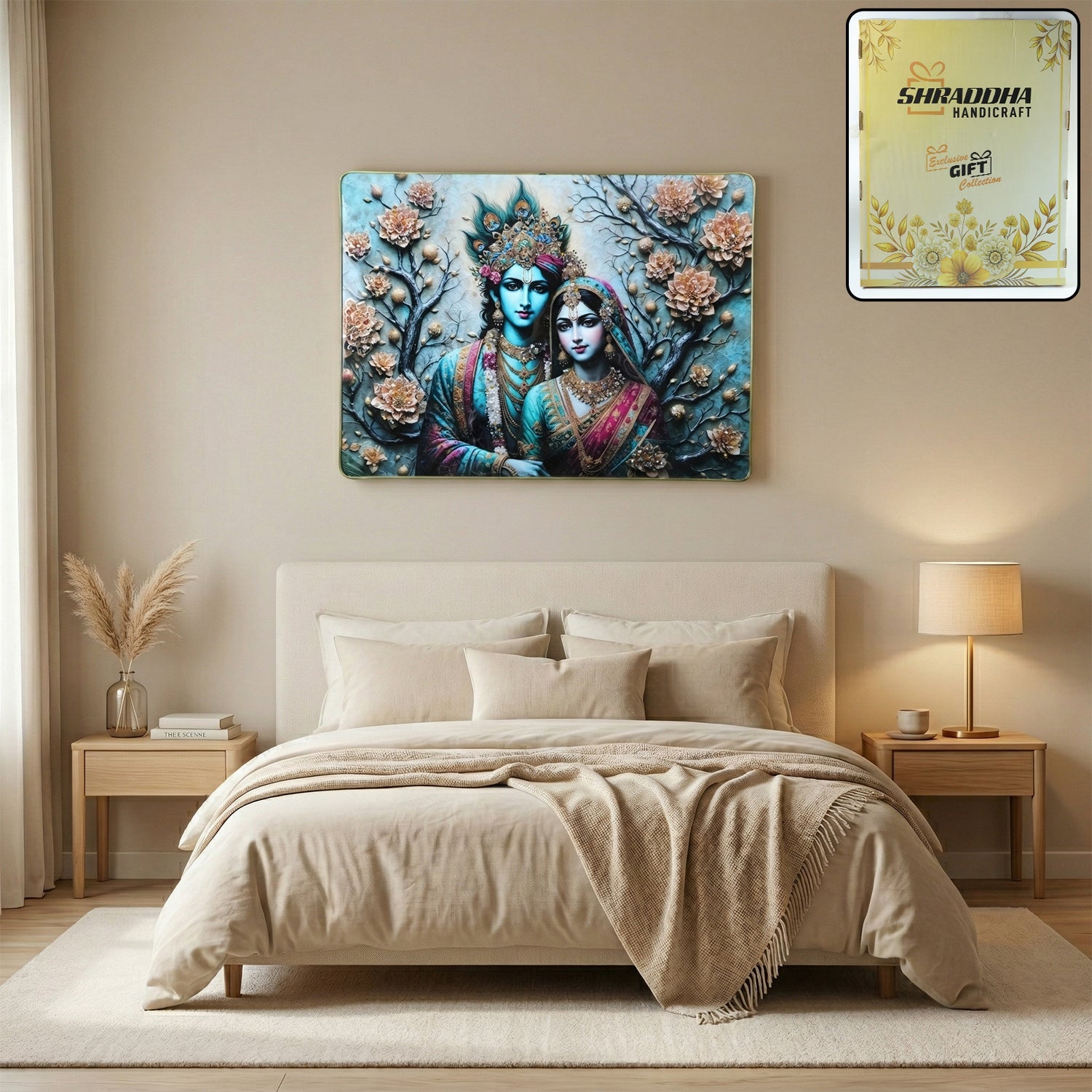 Radha Krishna divine wall art framed in wood for home decor