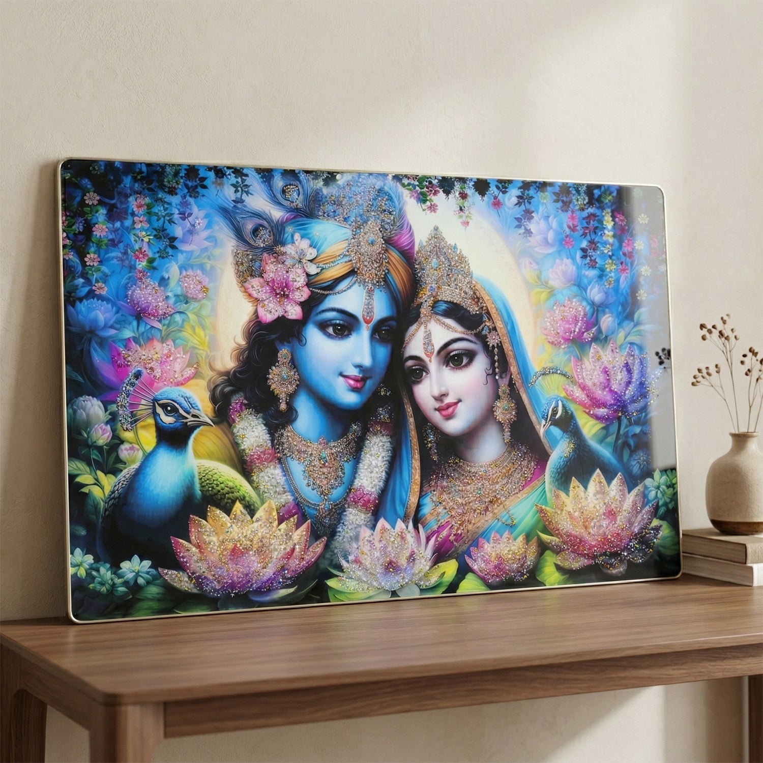 Radha Krishna wall hanging frame, vibrant decorative art for walls