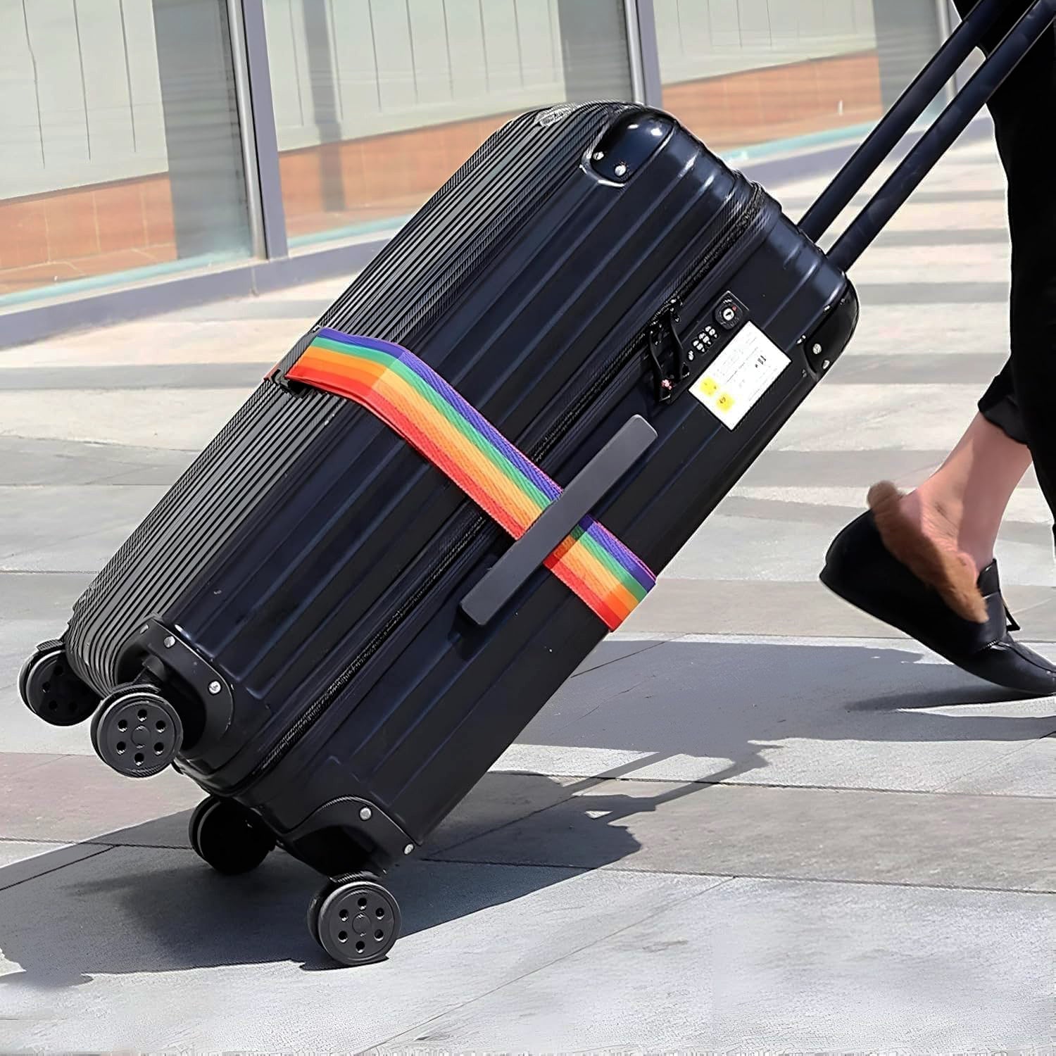 Coiled Rainbow Luggage Strap, showcasing its flexible and durable webbing.