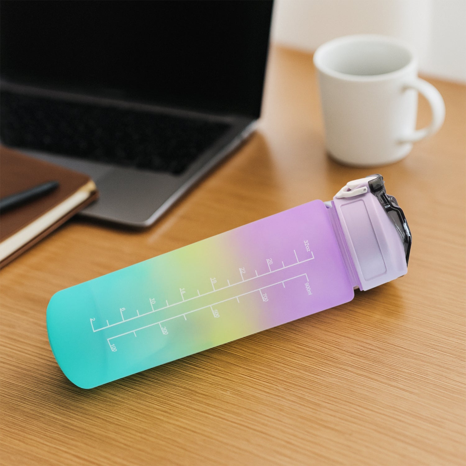 The leak-proof cap of the Motivational Water Bottle open, showing the straw ready for easy sipping.