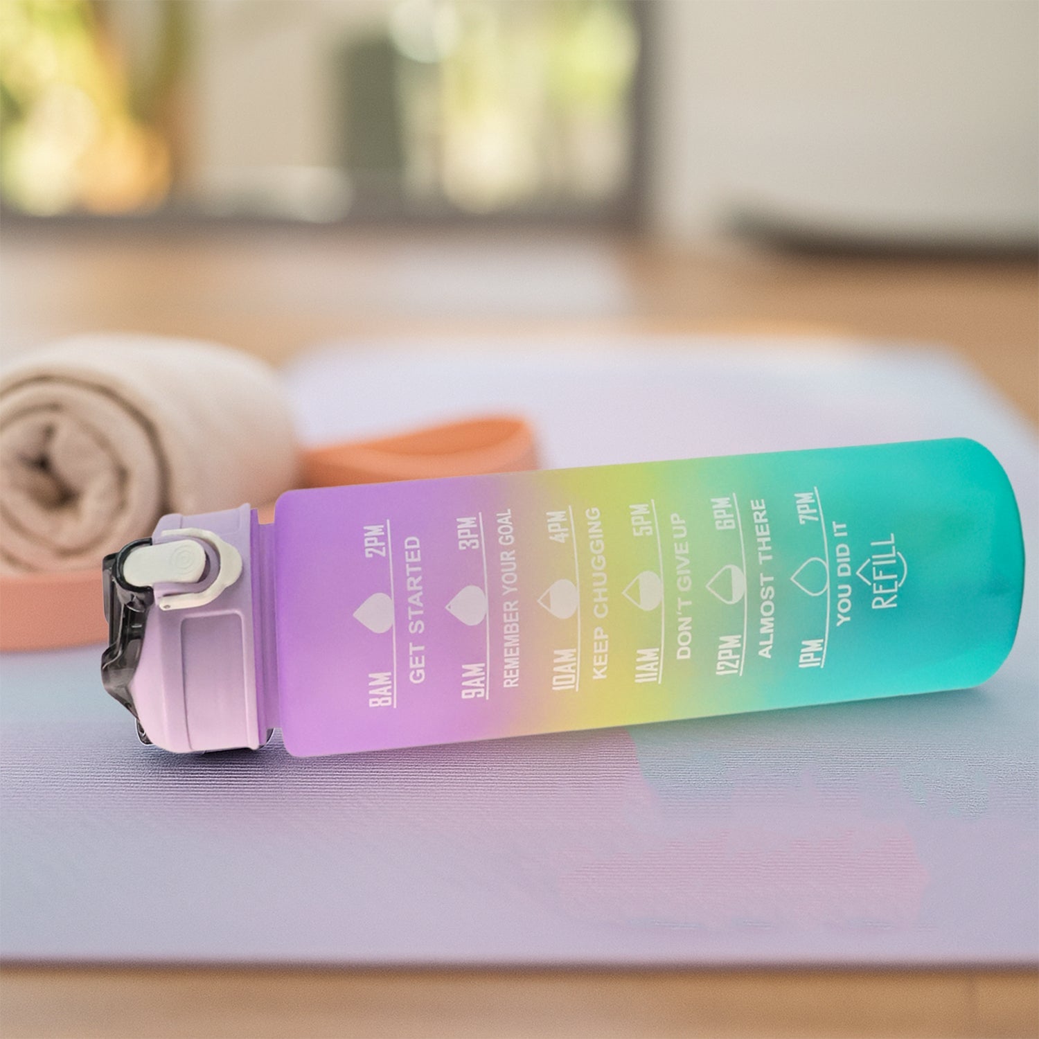 Close-up of the Motivational Water Bottle's time markers and inspiring slogans for daily hydration tracking.