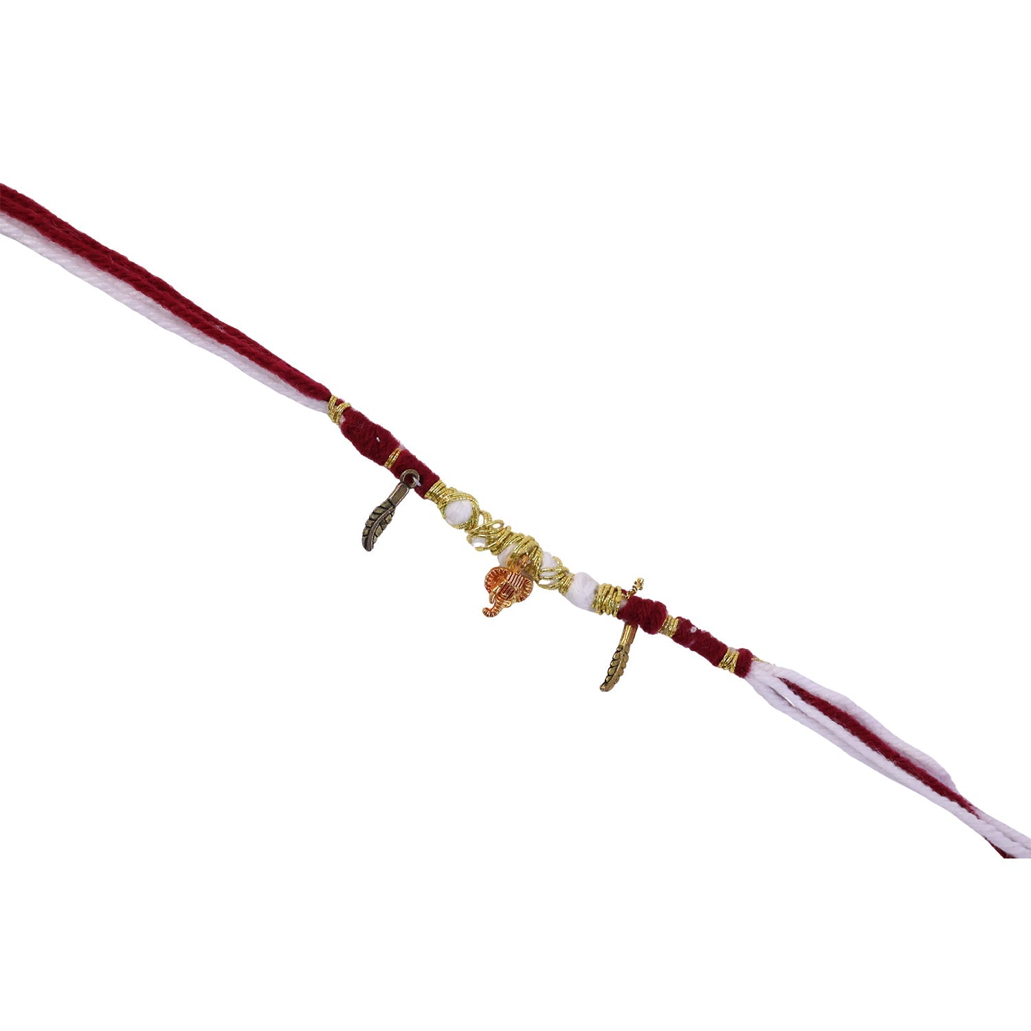 Ganesh Ji charm rakhi with feather dangles on beaded thread