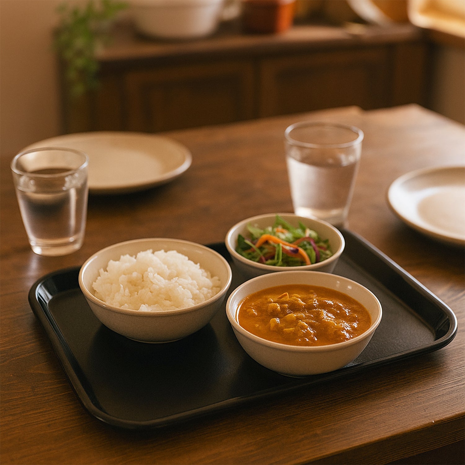 Stacked black plastic serving trays demonstrating space-saving design