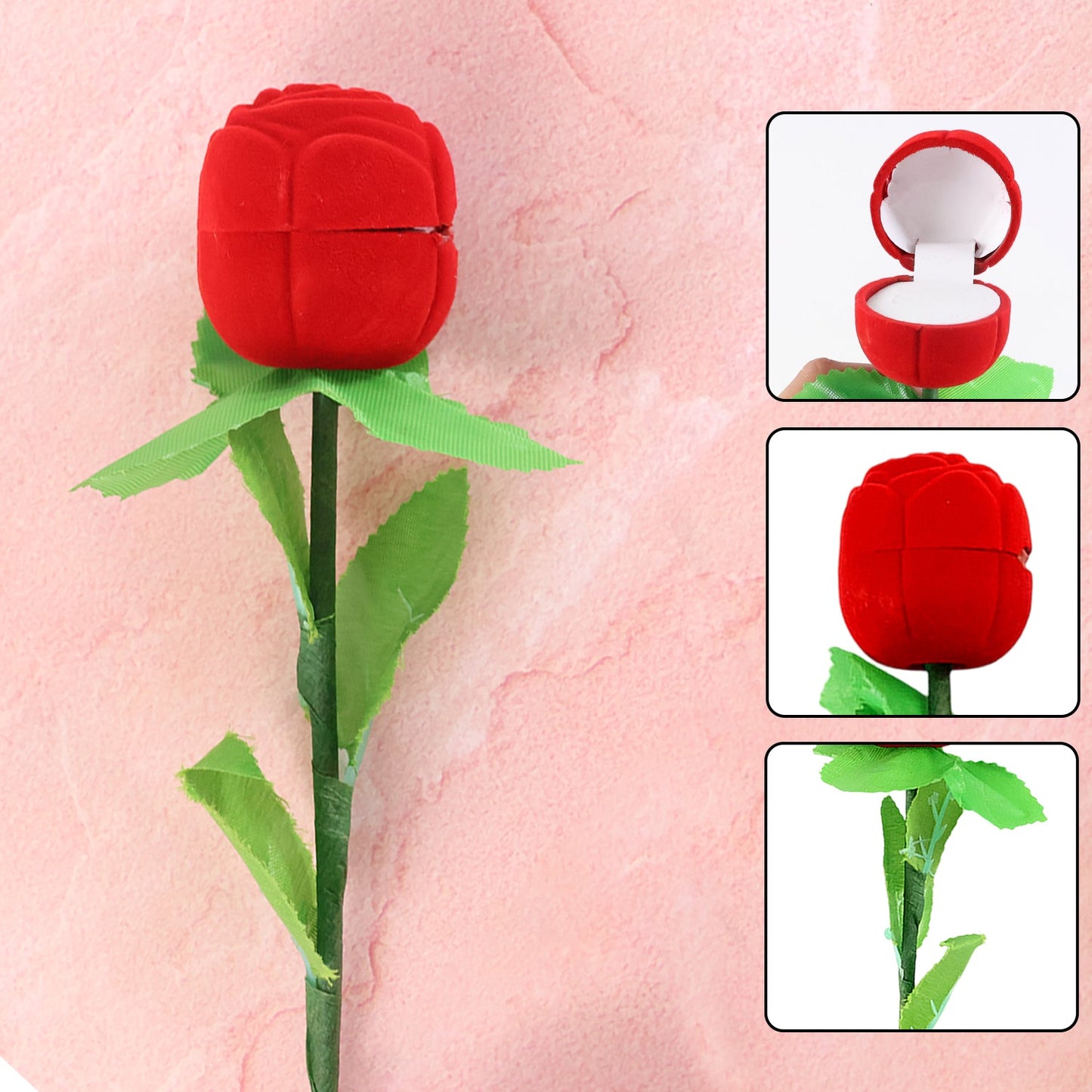 Closed artificial rose ring box gift with flower bud concealing a secure ring holder inside