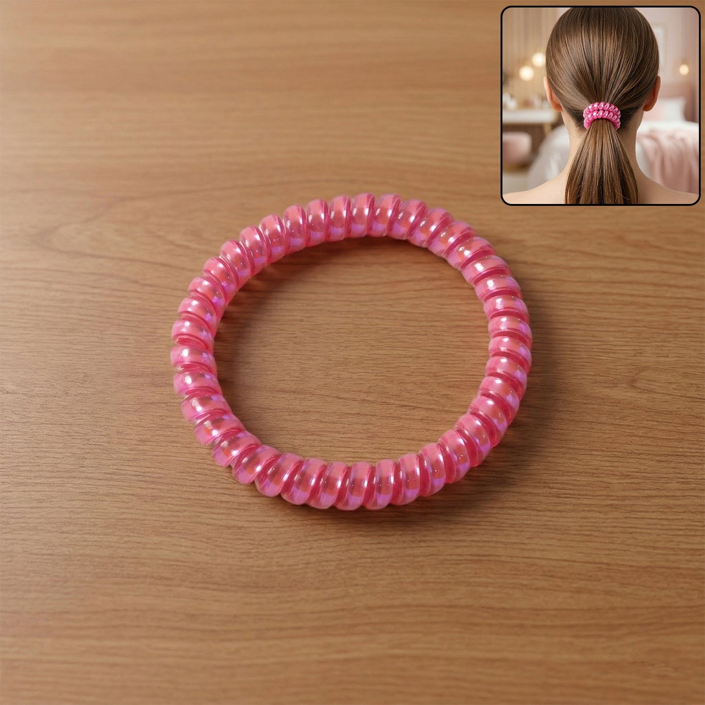 Telephone wire hair band showing spiral design for secure hair styling