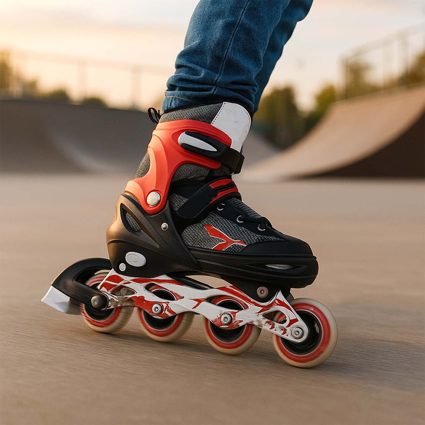Red roller boots designed for outdoor skating with adjustable straps