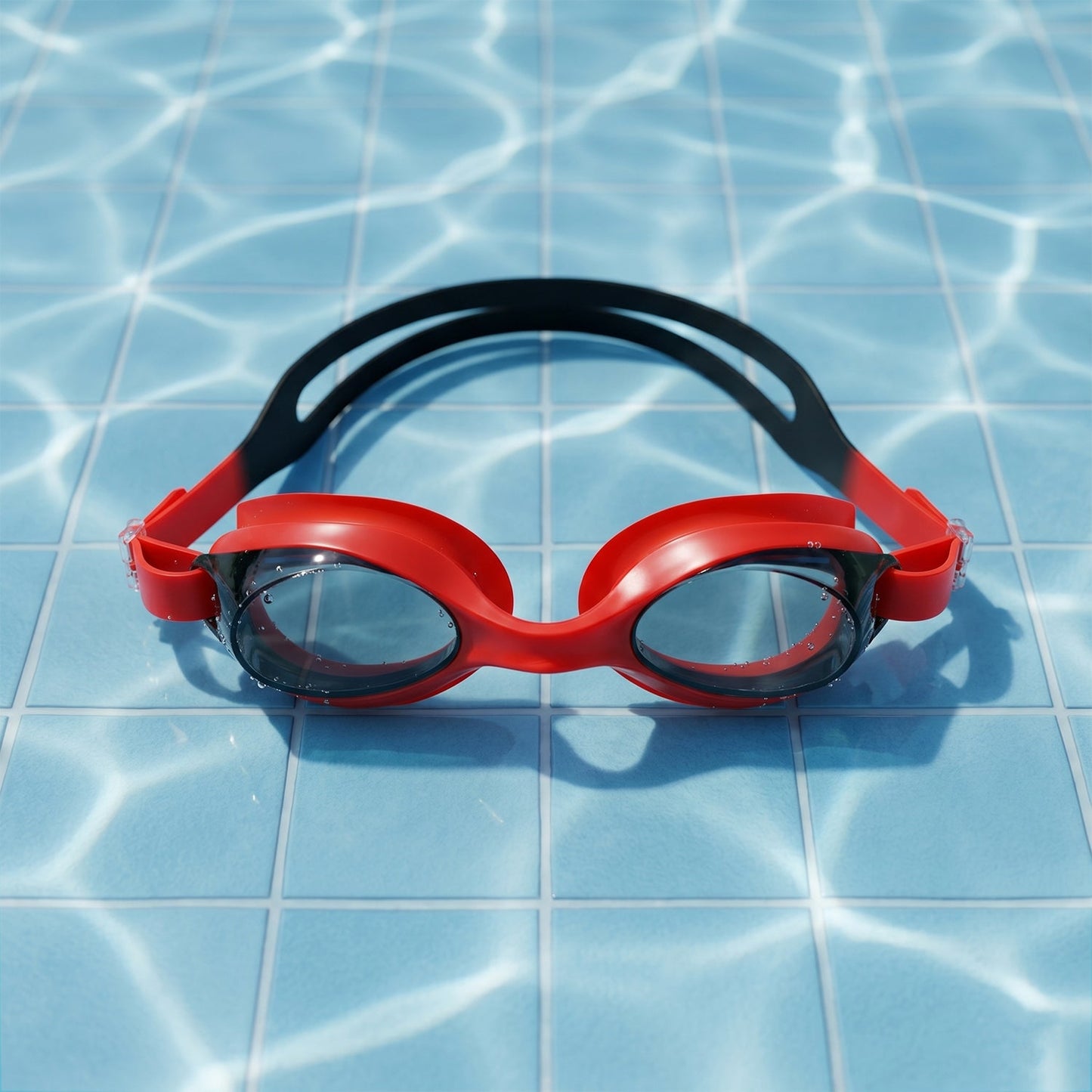 Detailed look at red swimming goggles emphasizing anti-fog lenses