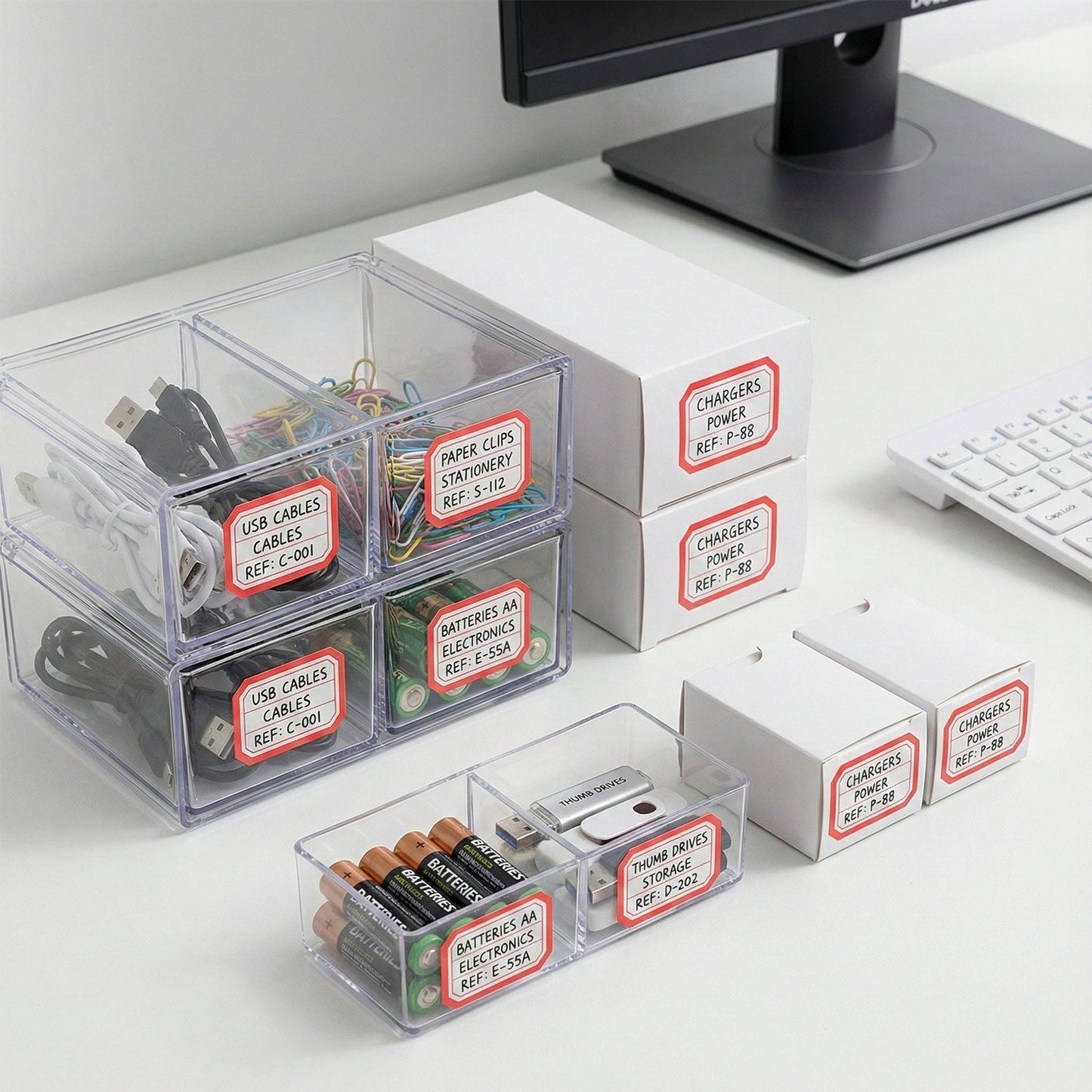 Kitchen organizer using self-adhesive rectangular label stickers for clear labels