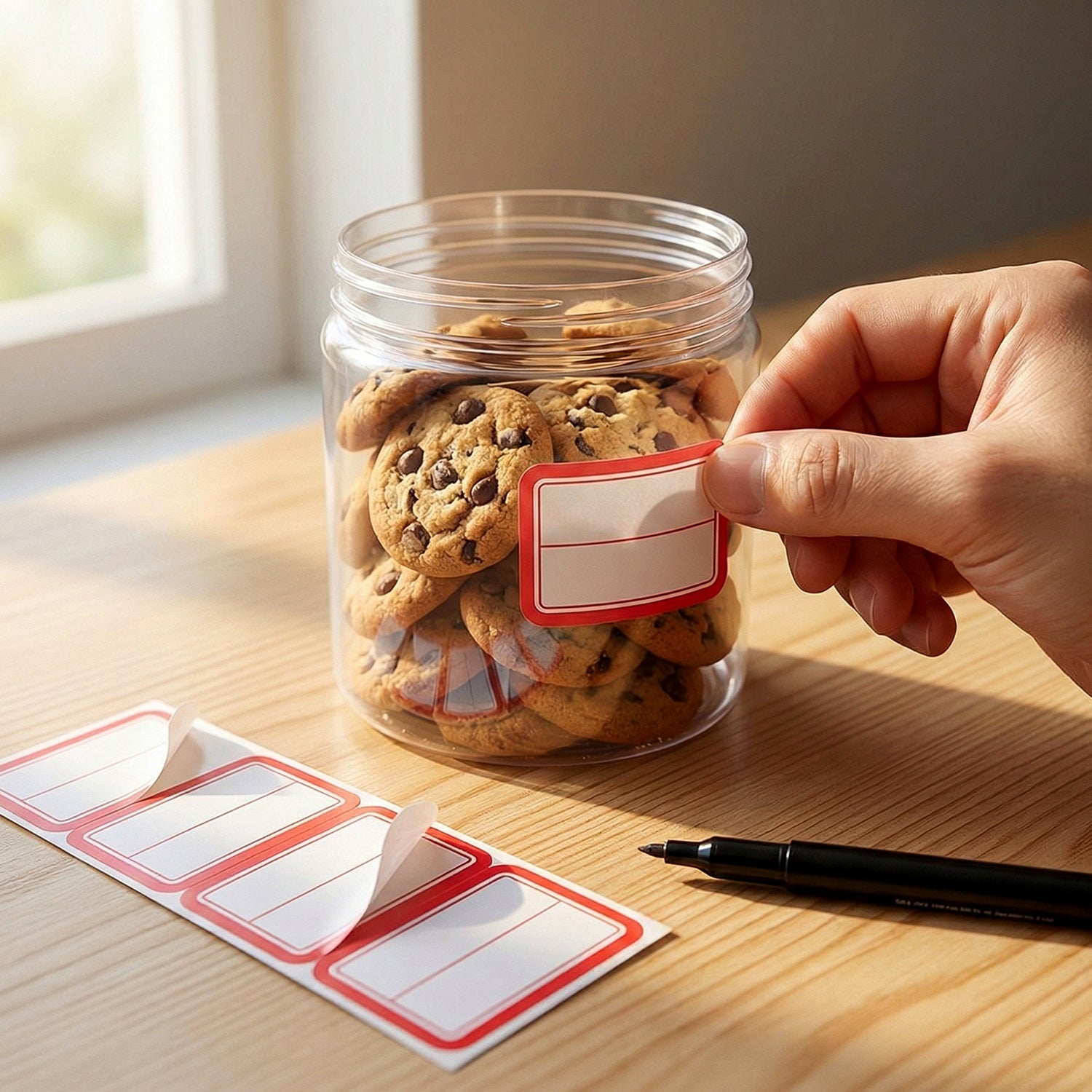 Red and white self-adhesive label stickers displayed on white background