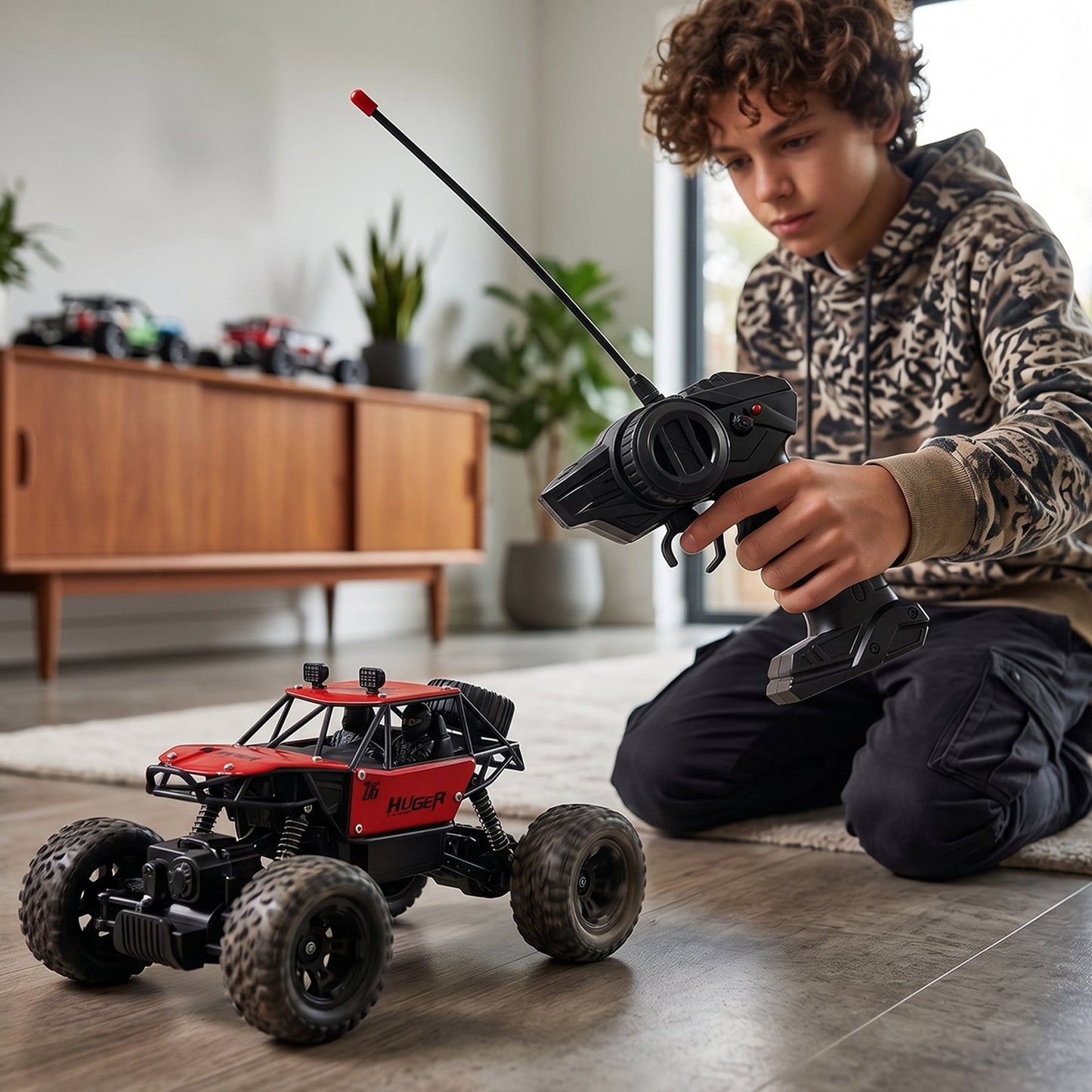 Rock Crawler RC Truck in dynamic off-road action, kicking up dust.