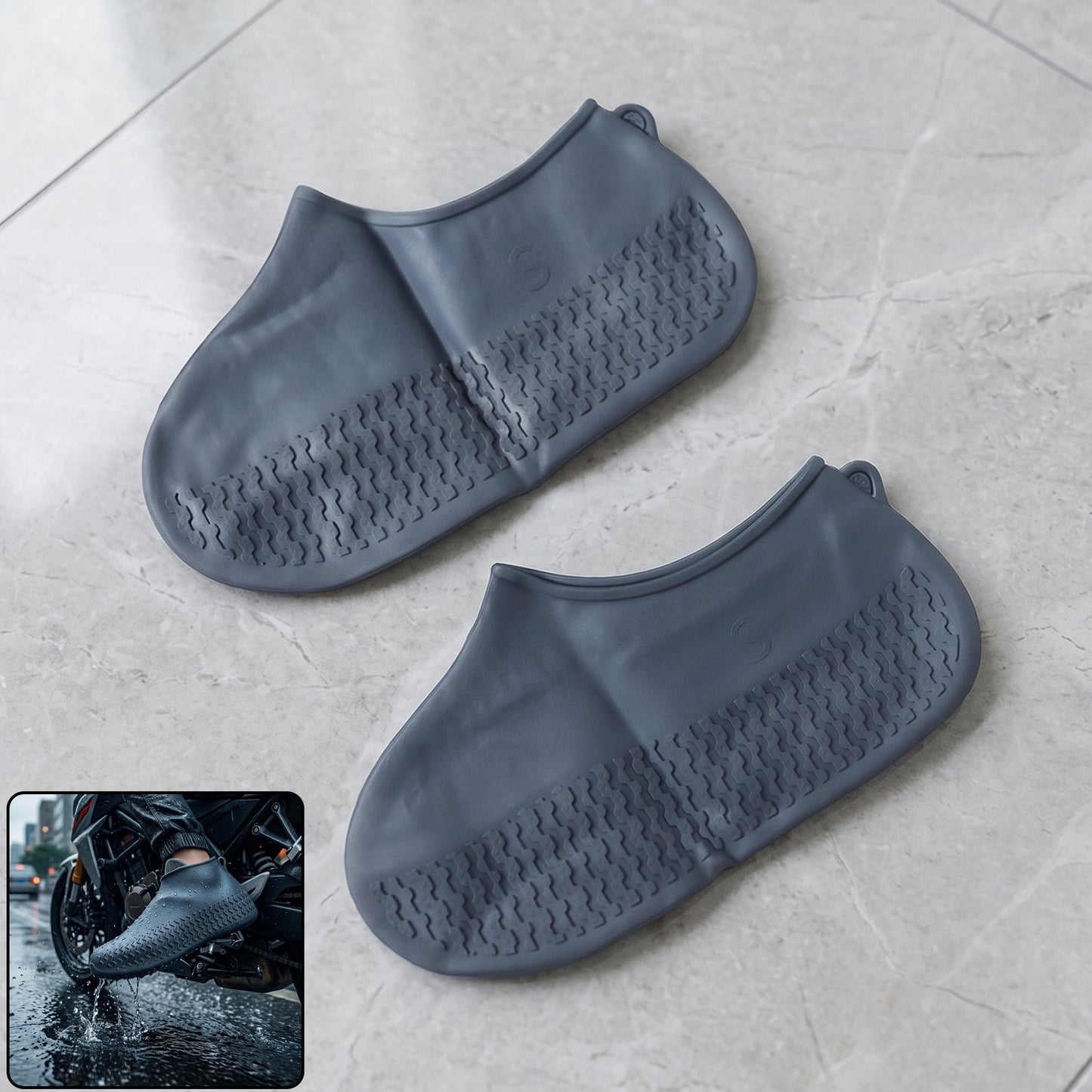 Small reusable waterproof silicone shoe covers protecting sneakers from mud.