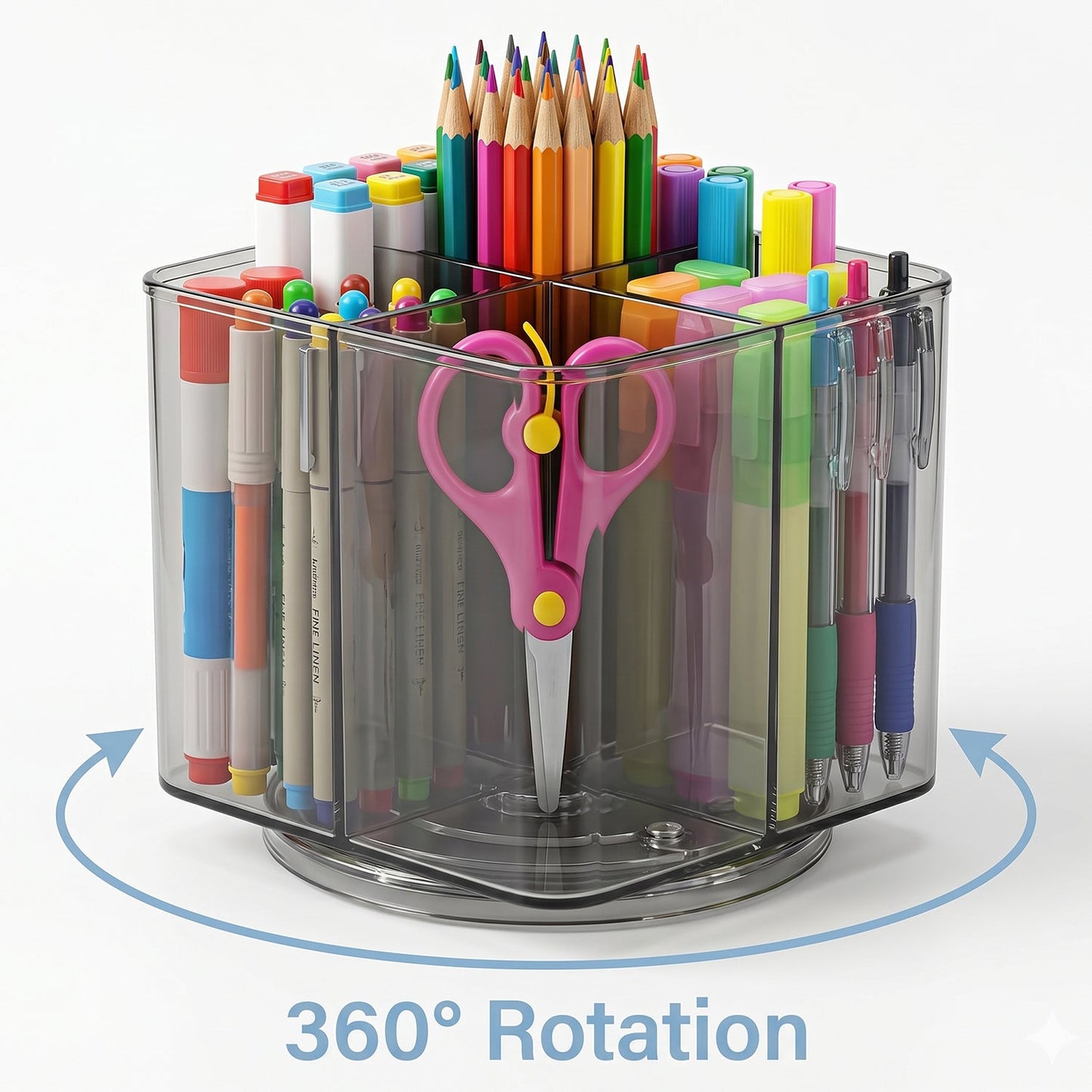 360 degree revolving acrylic pen holder showing compartments