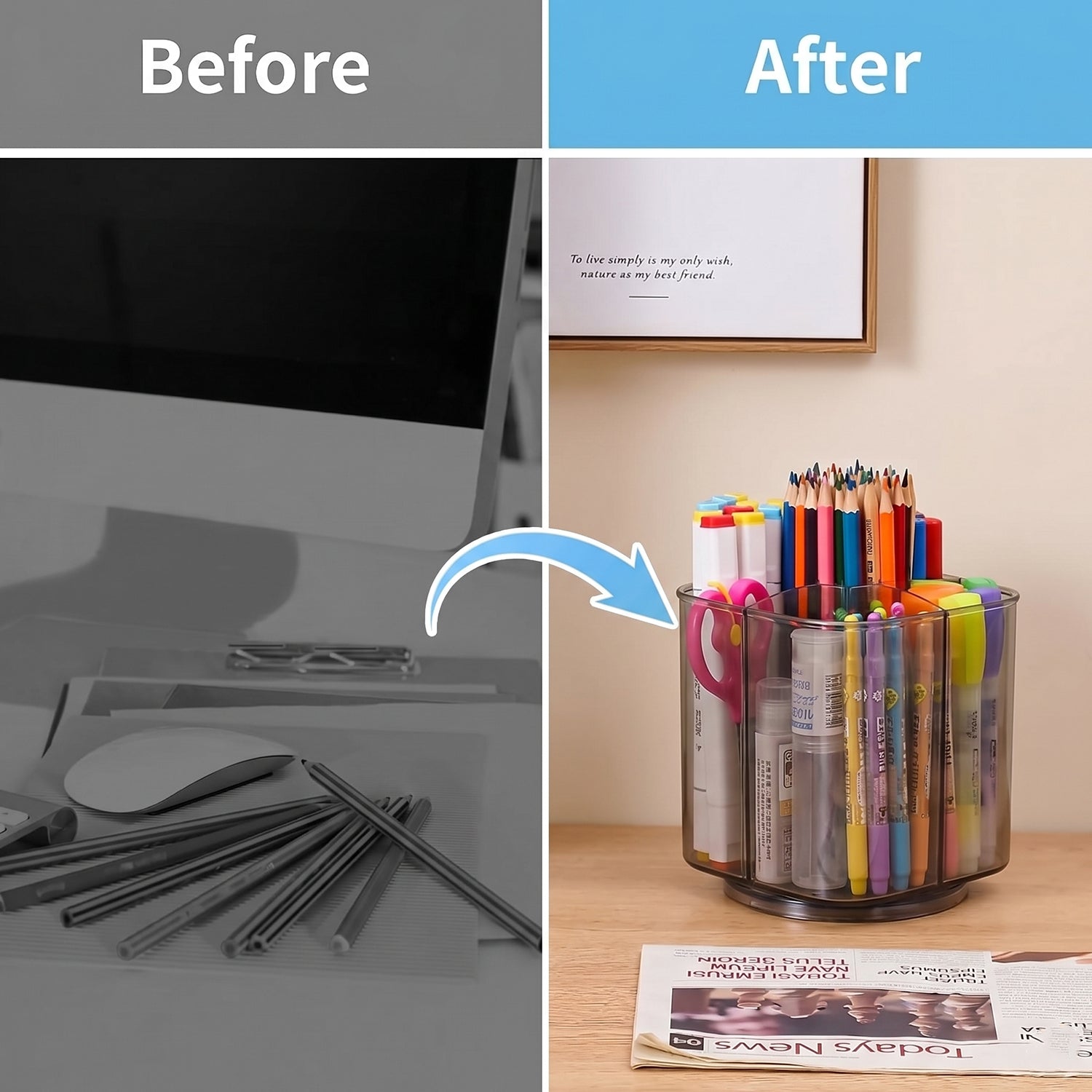 Desktop organizer holding office supplies