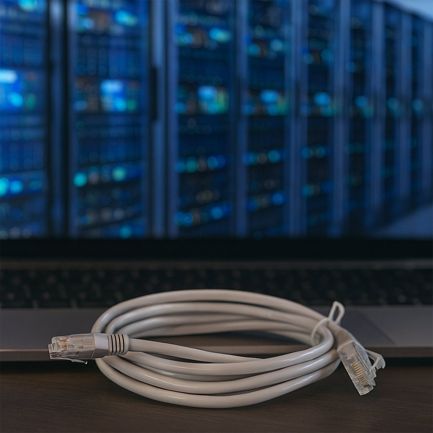 Close-up of RJ45 connector on high-speed Ethernet cable