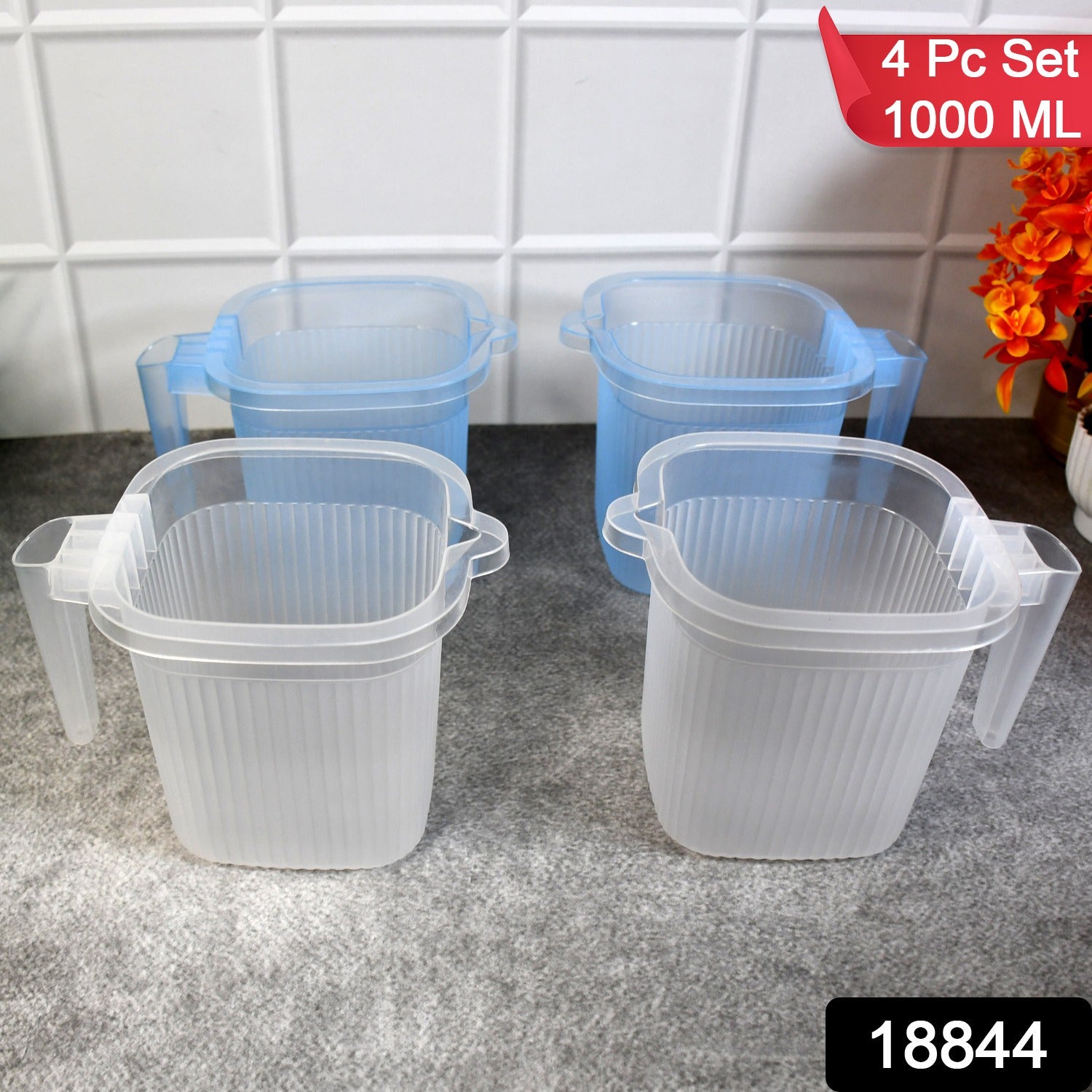 Close-up of a single durable plastic water mug, highlighting its clear material and sturdy design.
