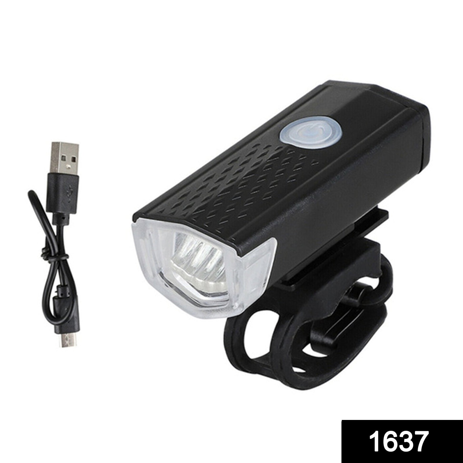 Bright front bike light illuminating a dark path.