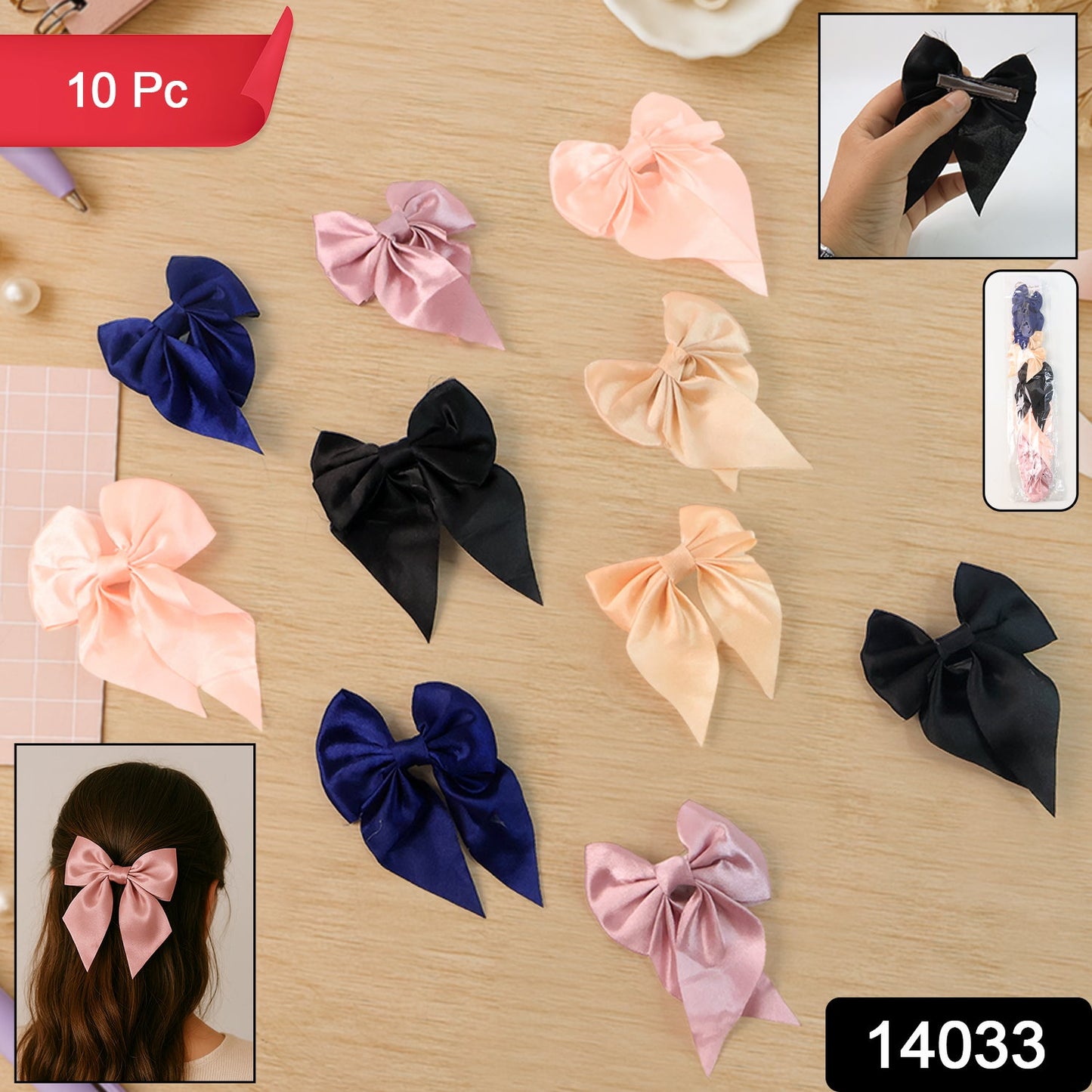 Close-up of elegant satin bow hair clip, double tail design