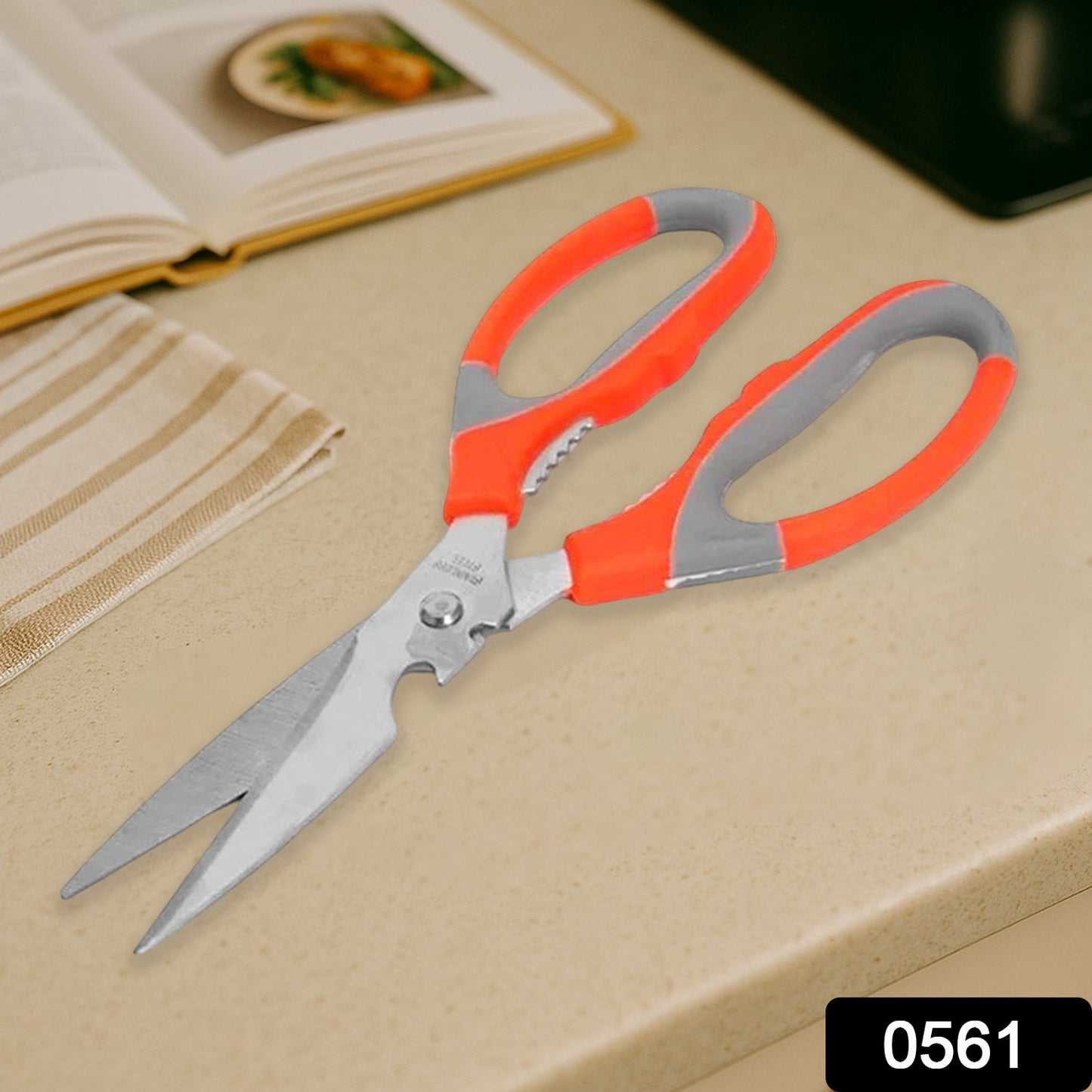 Close-up of the sharp stainless steel blades of the versatile kitchen shears.