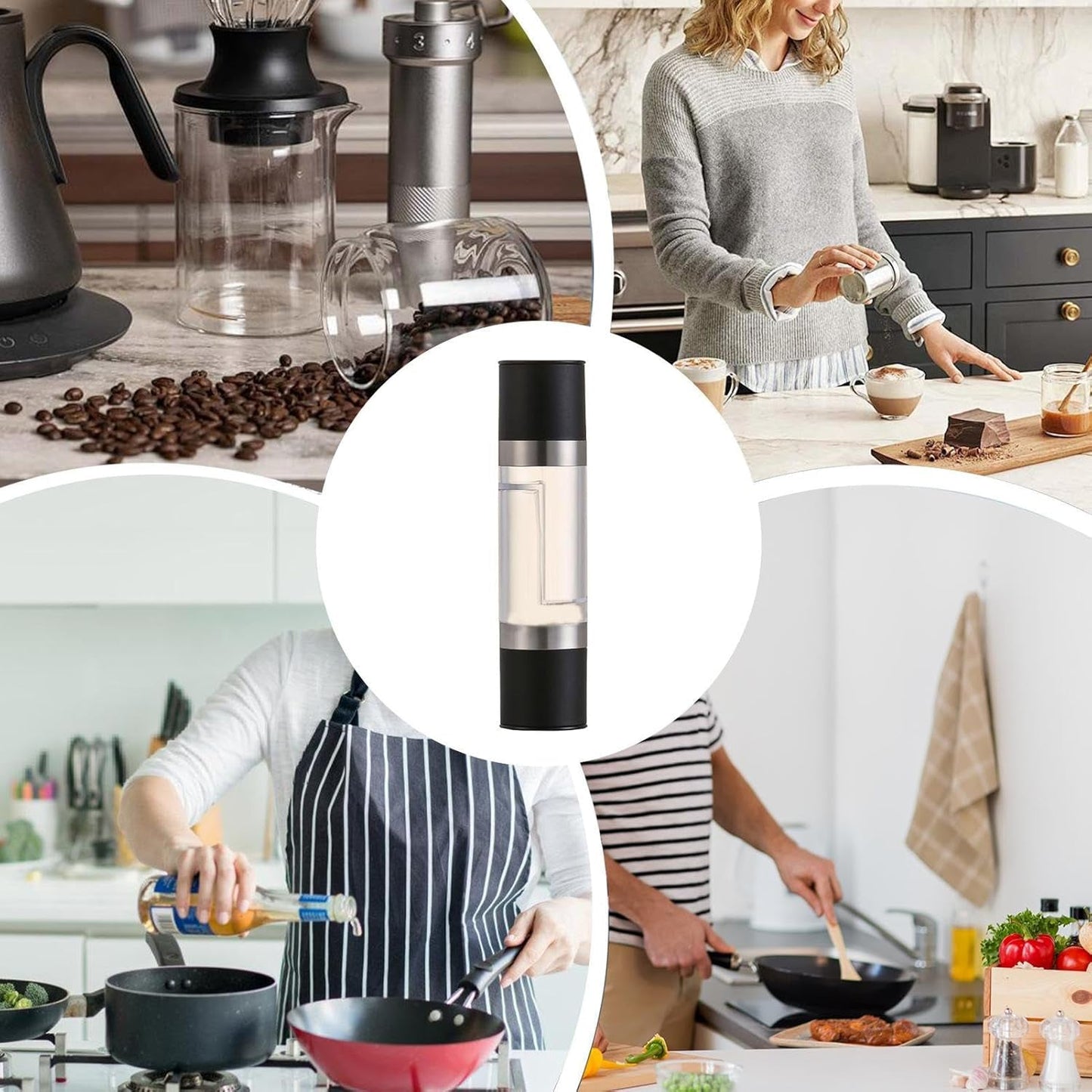 Side angle of stainless steel salt and pepper grinder on white background