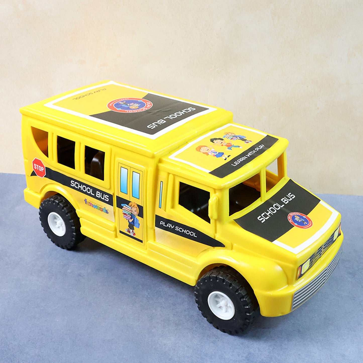 Side view of detailed toy school bus model with safe edges