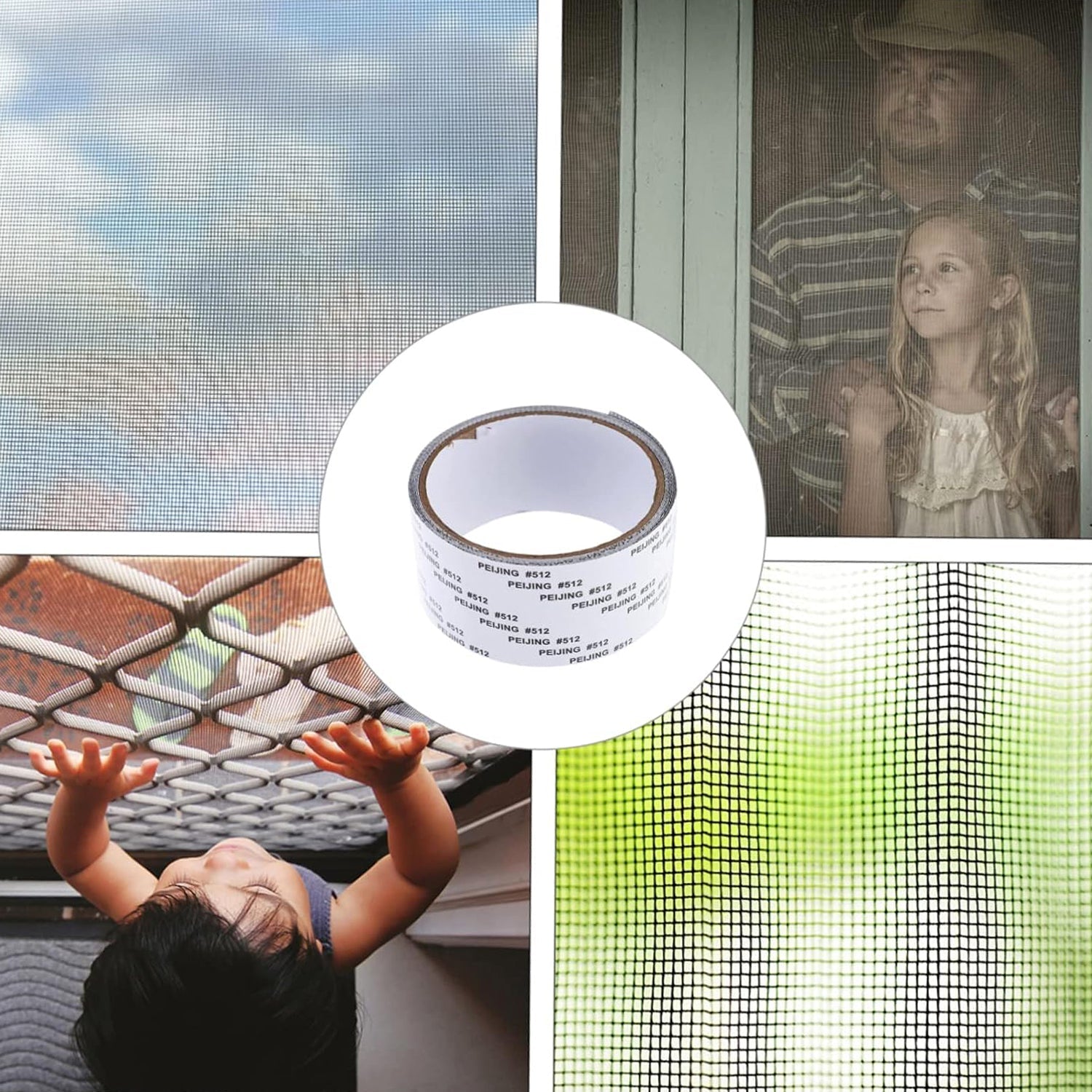 Close-up of mosquito net repair tape blending with screen mesh