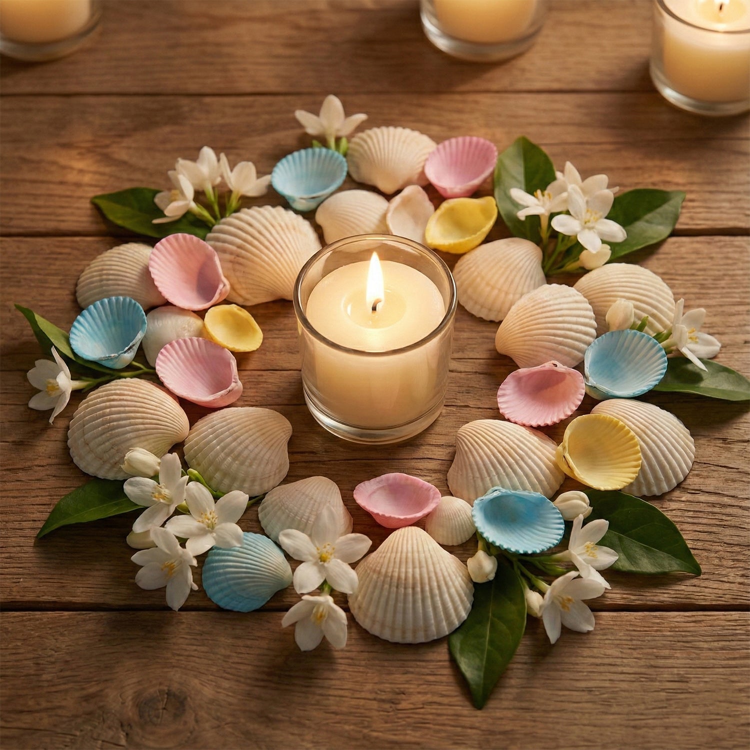Close-up of decorative natural shells for elegant table decor