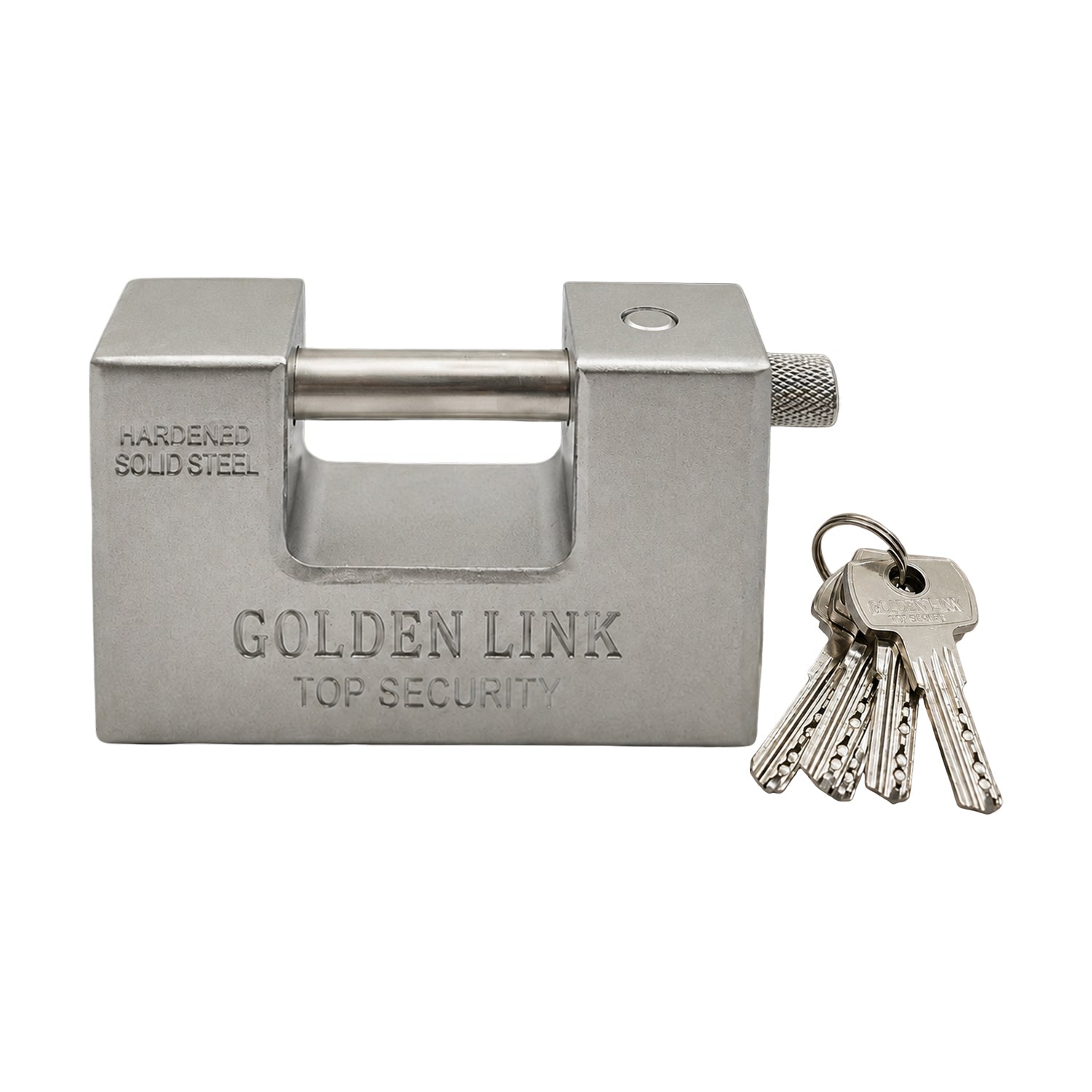 A key being inserted into the sturdy stainless steel padlock.