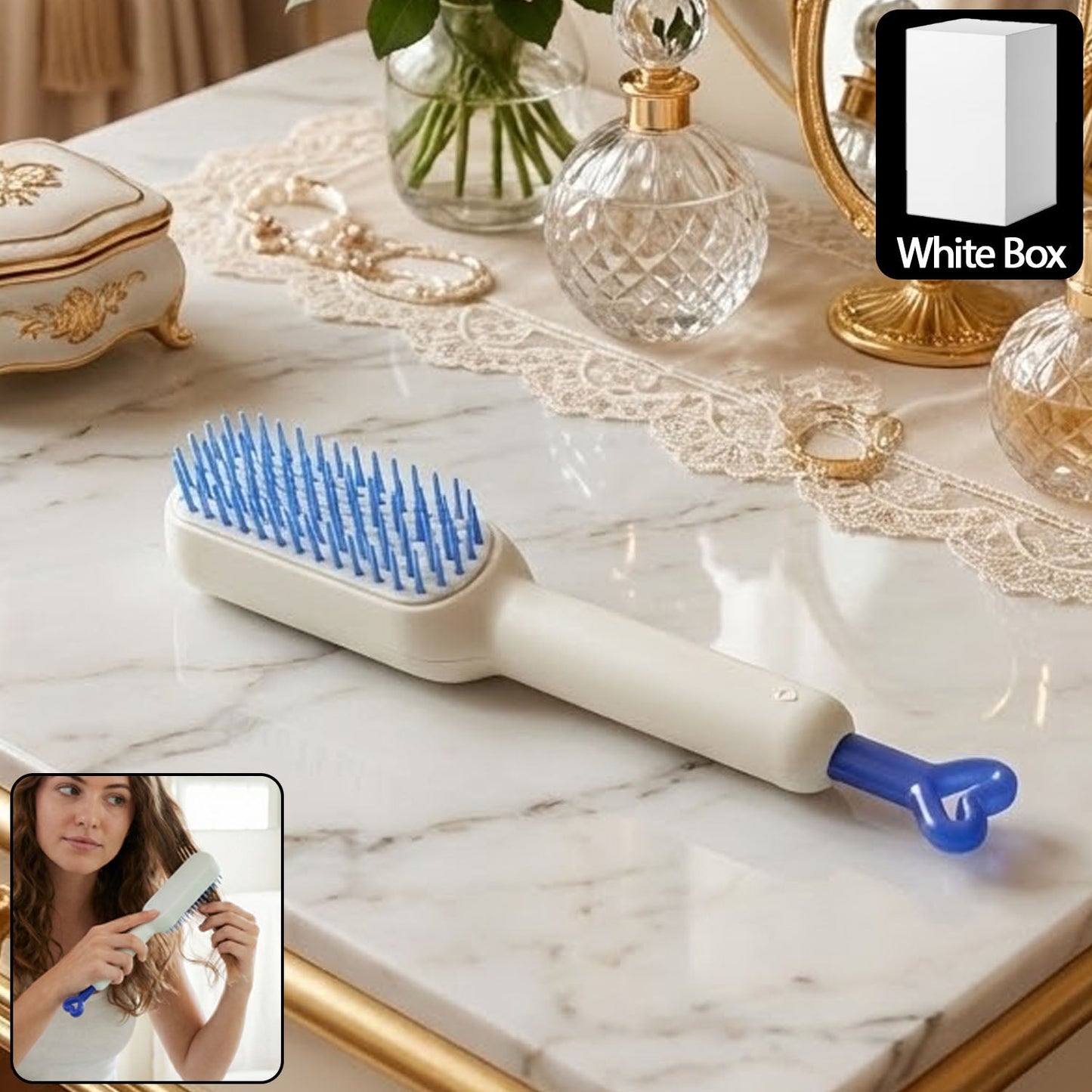 Self-Cleaning Hairbrush with retractable bristles on a white background