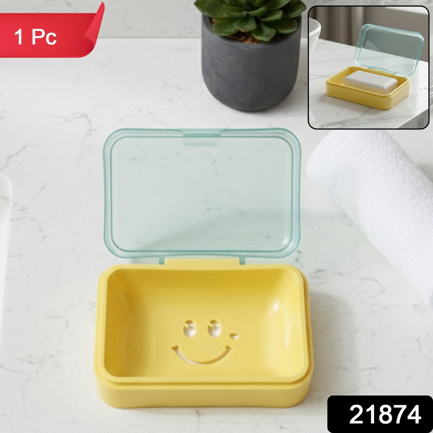 Cute smiley design plastic soap case with flip lid