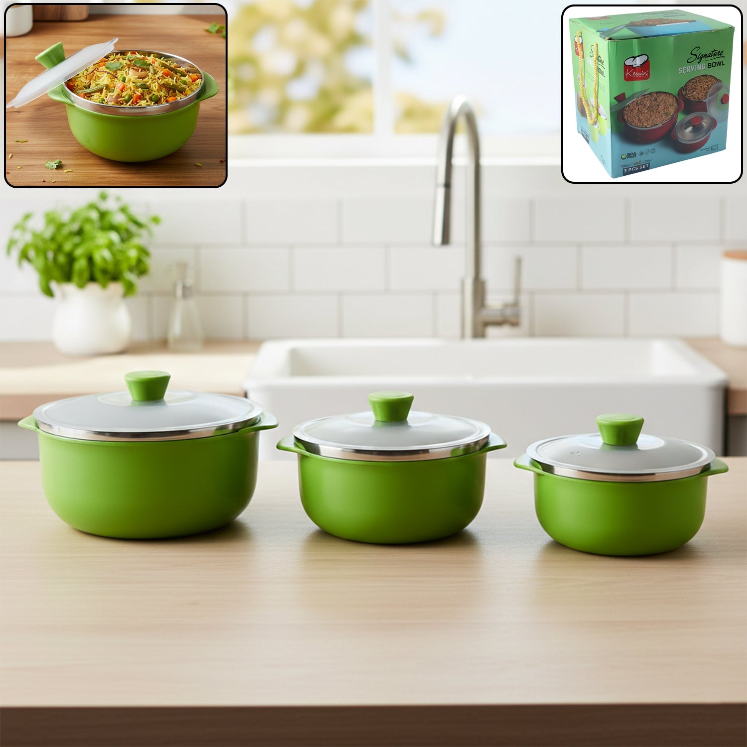 Signature 3-piece serving bowl set with airtight fitted lids