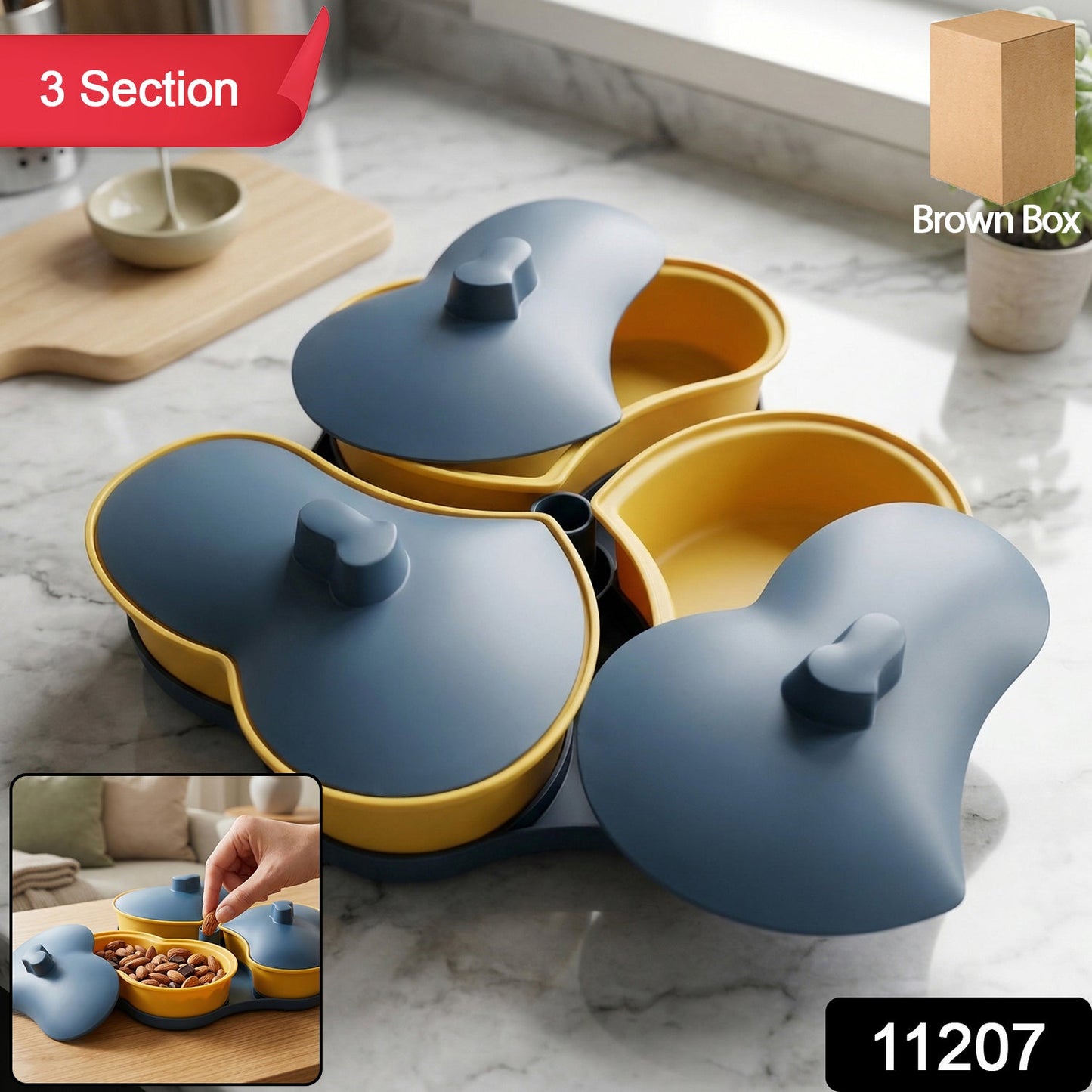 Plastic snack tray with three sections and individual lids for dry fruits and candies