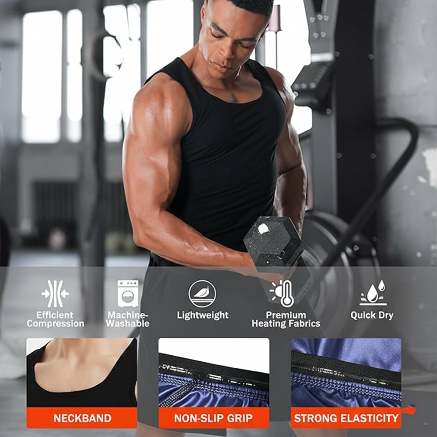 Man showing core compression in men's slim fit sweat shaper tank top
