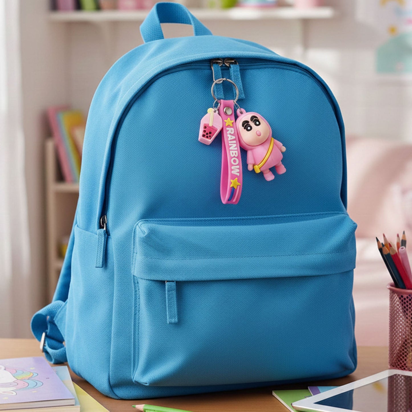 Cute cartoon themed keychain used as decorative bag charm