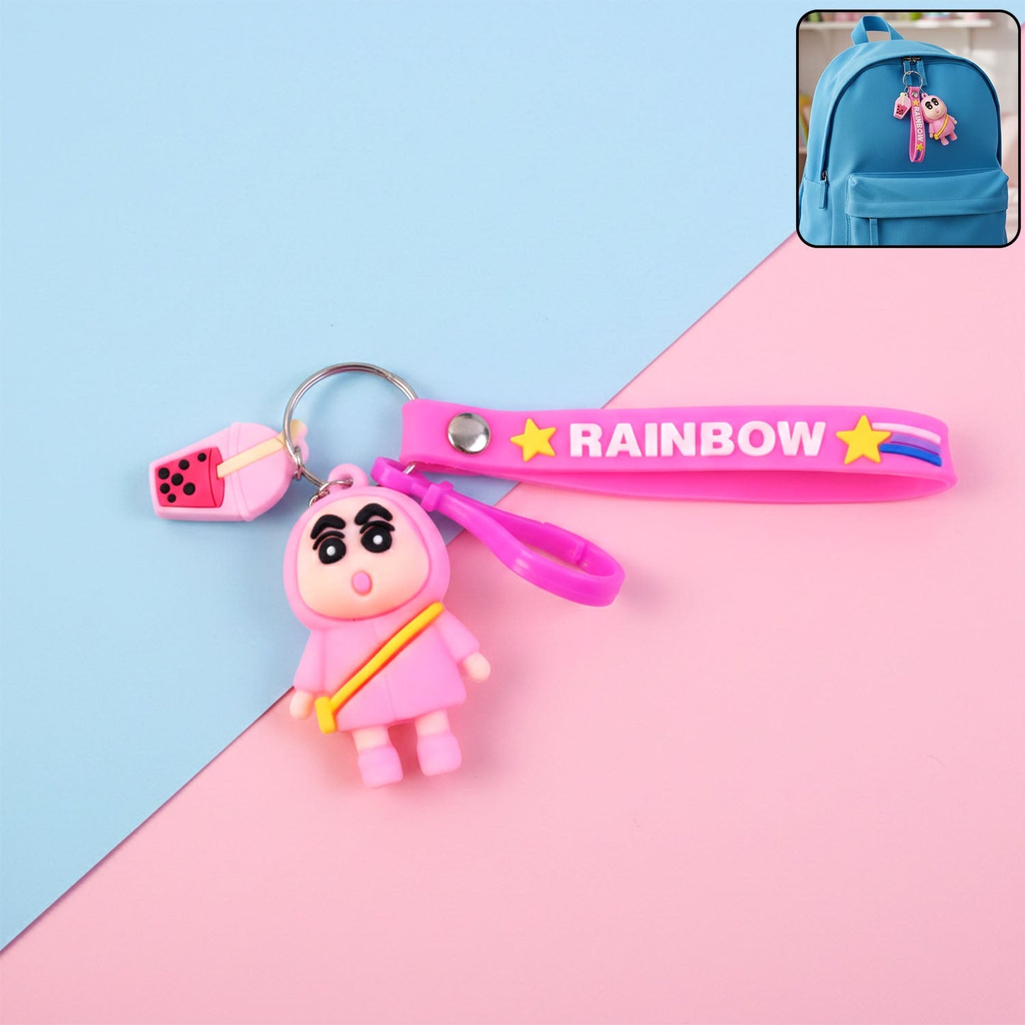 Cartoon character keychain with colorful rainbow strap and metal ring