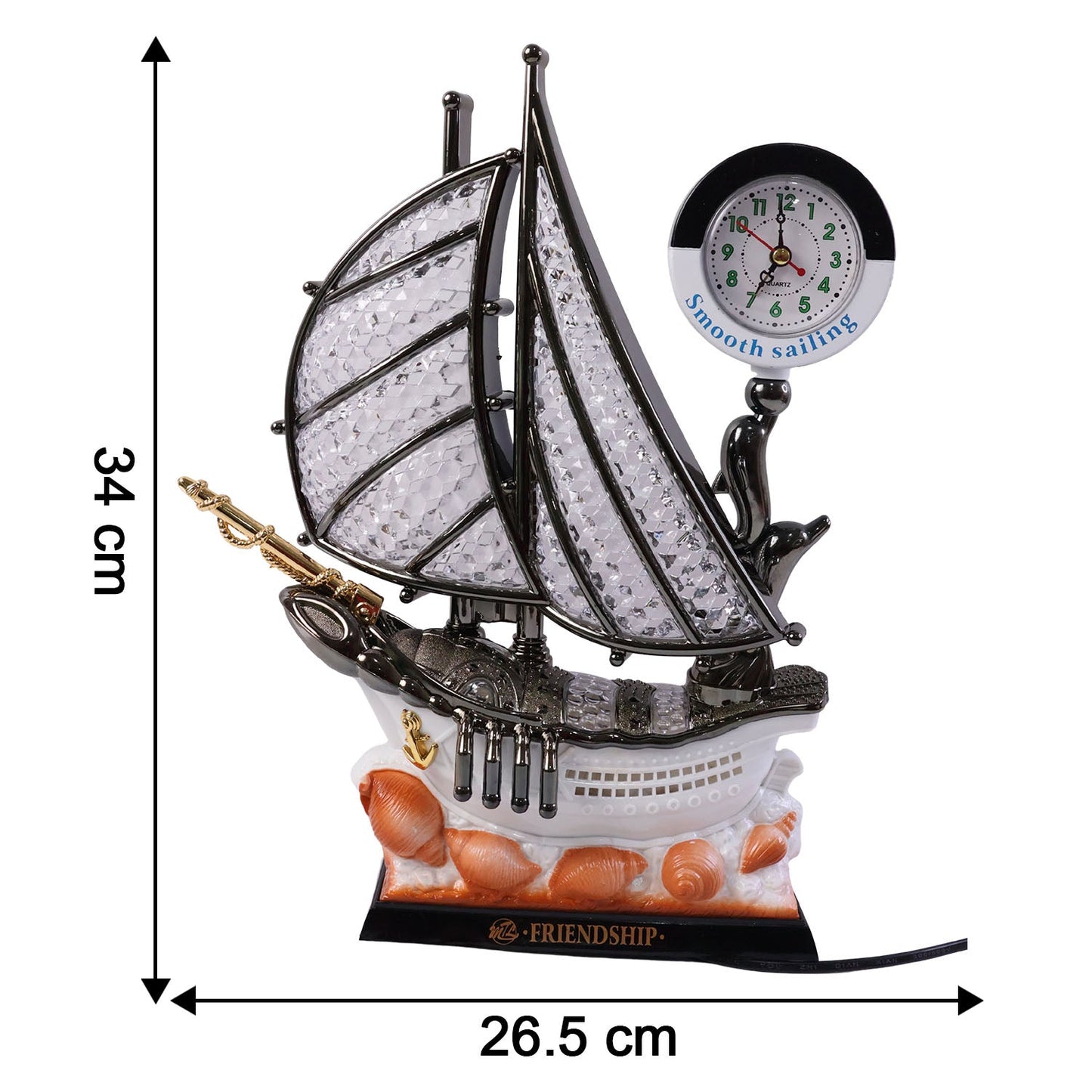 Dimensions illustration of ship shape clock lamp showing length width height