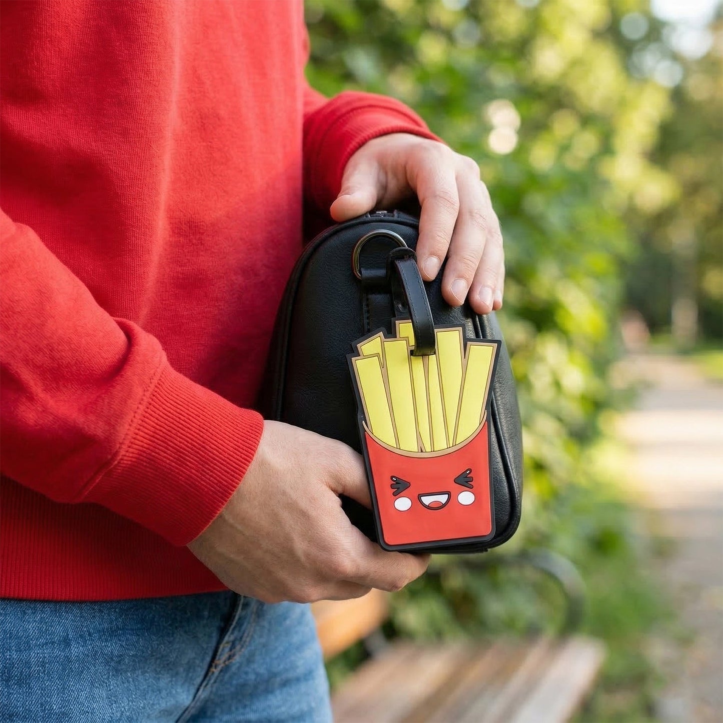 Novelty suitcase ID tag featuring French fries graphic