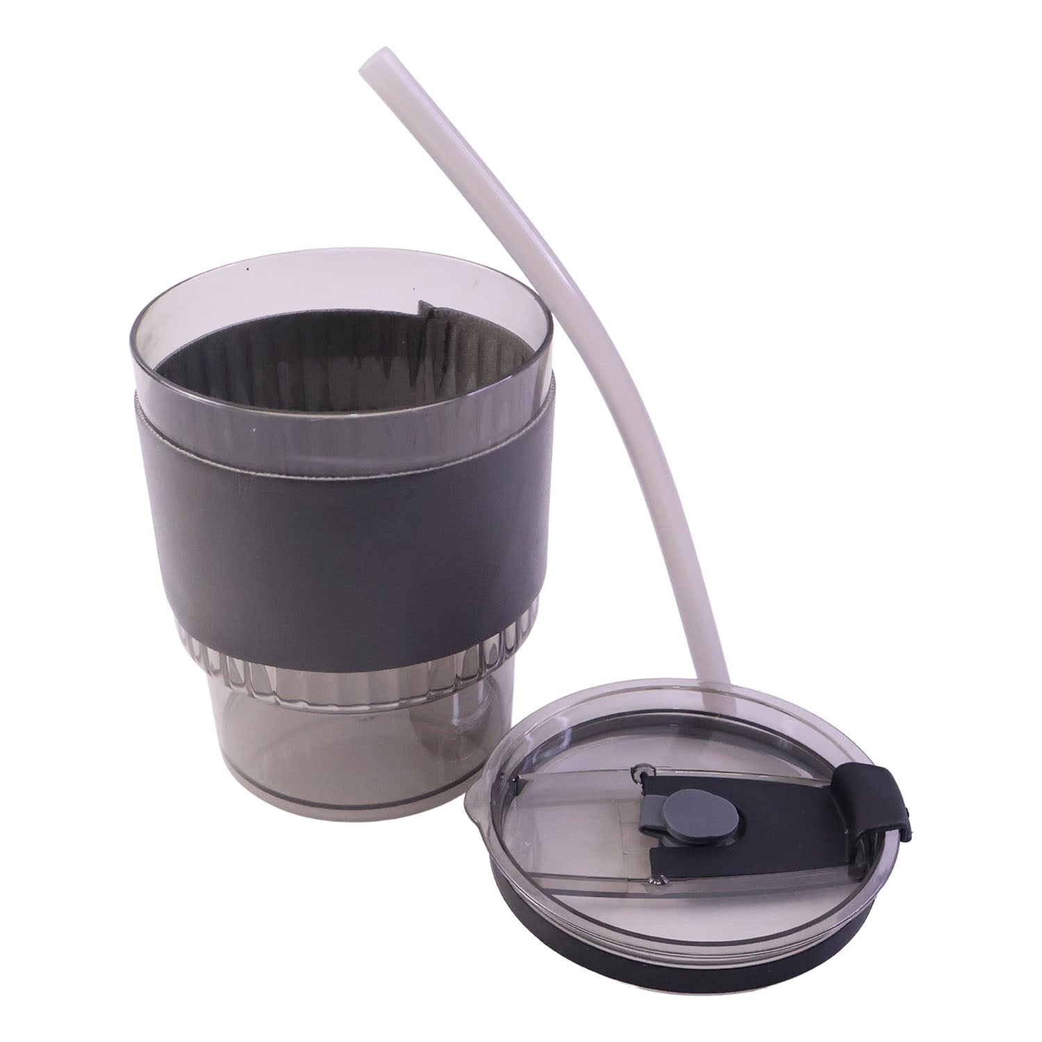 Close-up of the plastic tumbler showcasing its comfortable ridged, non-slip grip.