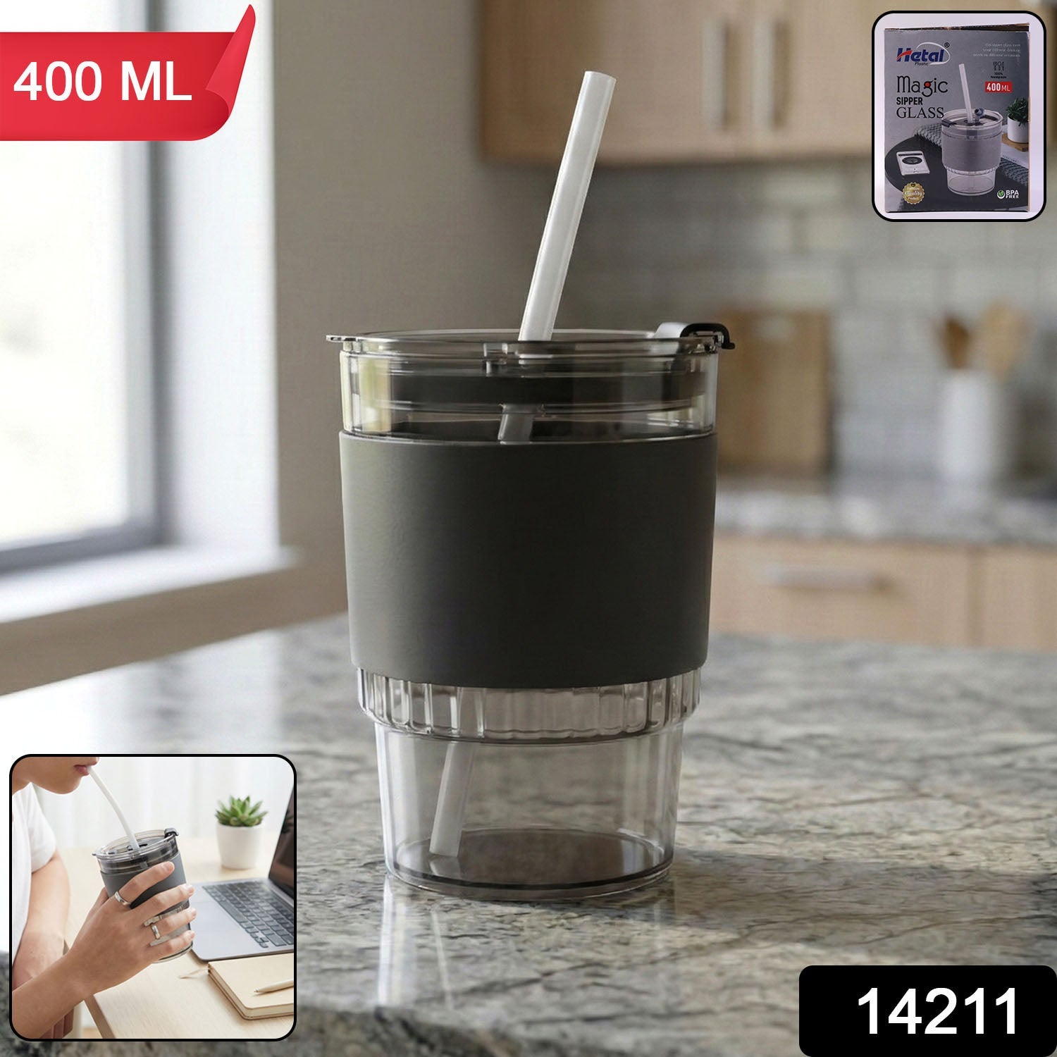 Transparent plastic tumbler with a secure lid and eco-friendly reusable straw.