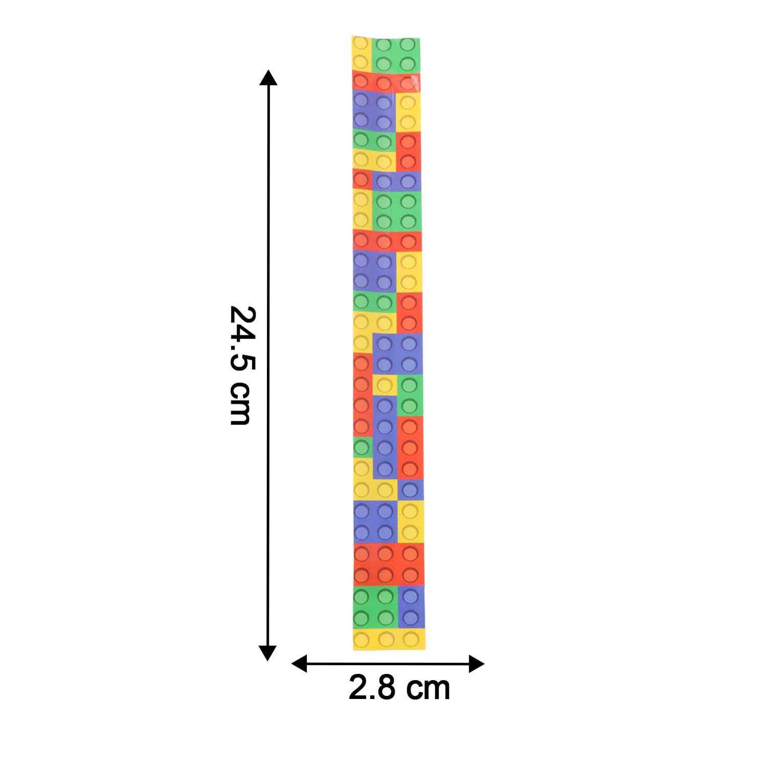 Colorful snap slap bracelet beside ruler showing size for kids