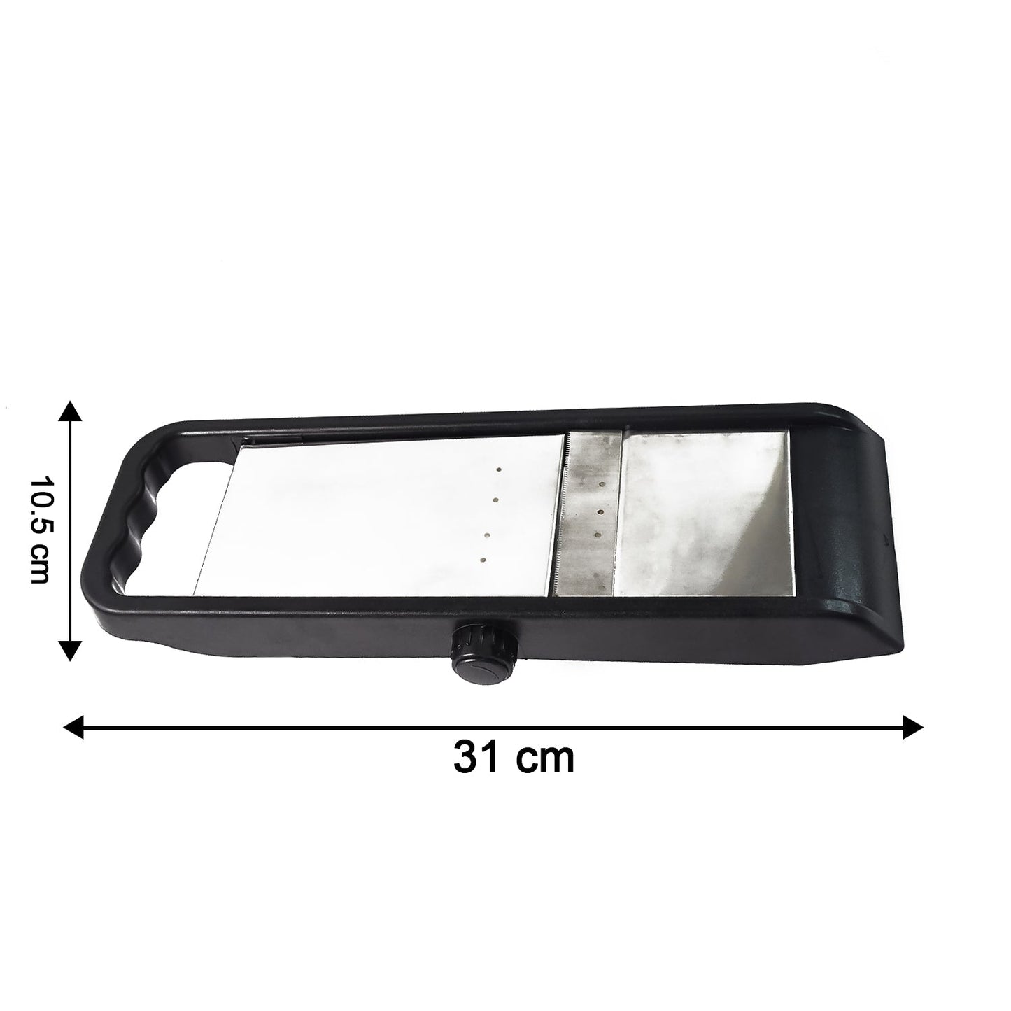 Rear view of the Supermom adjustable slicer, highlighting its sturdy plastic construction.
