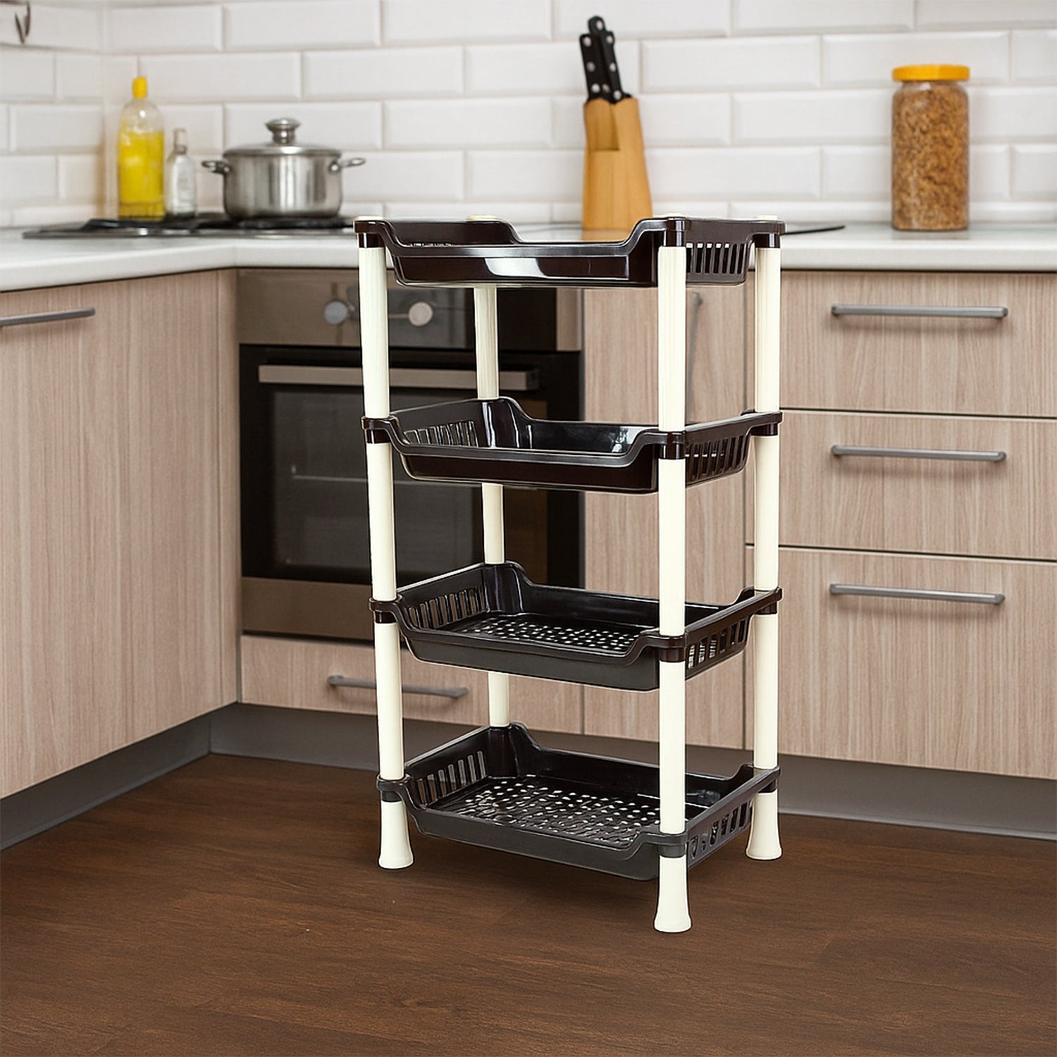 Plastic storage rack used to organise various household essentials
