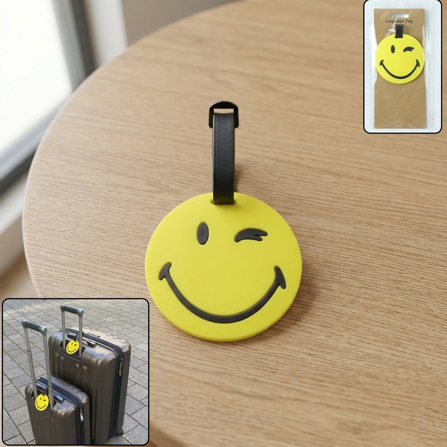Bright smiley face luggage tag for easy identification