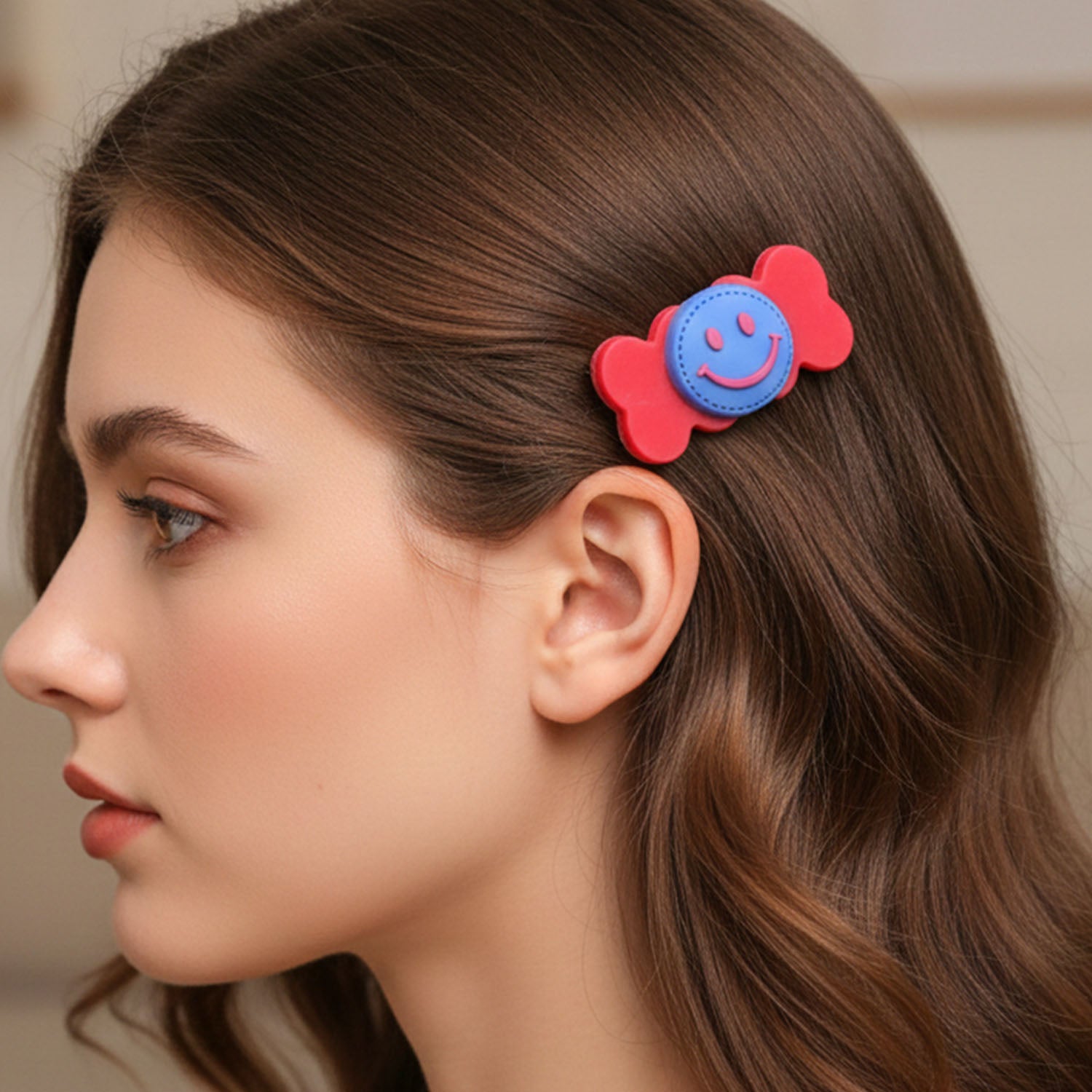 Smiley candy design hair clip with smooth edges and secure clasp