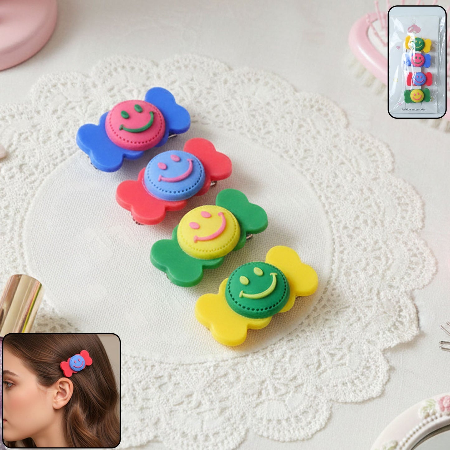 Set of colorful smiley candy hair clips with playful decorative design