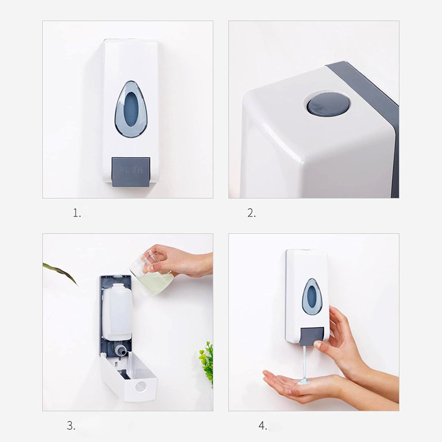Detailed view showcasing the refill window of the wall mounted soap dispenser.