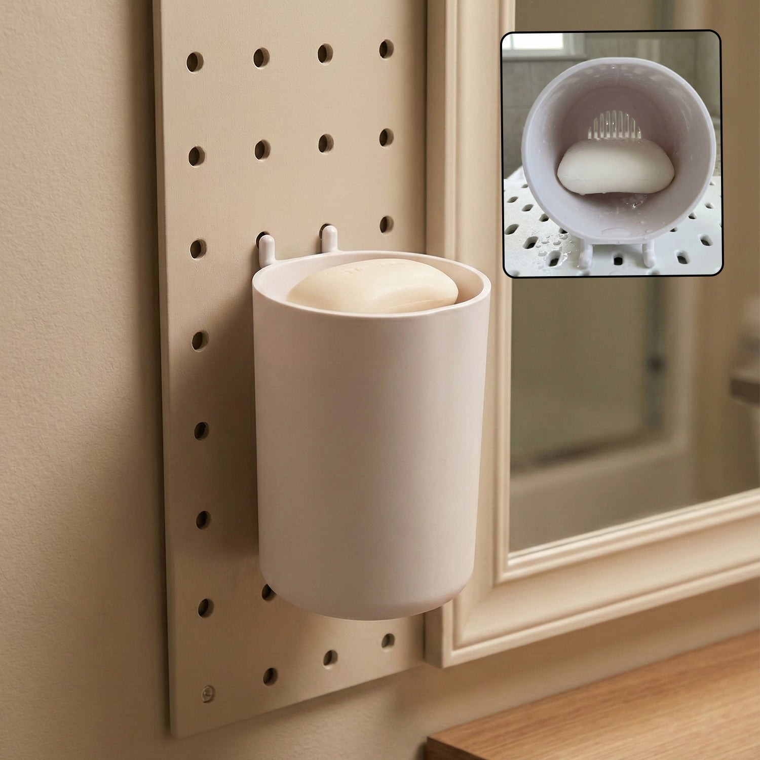 Utility soap box holder showing drainage slots for soap hygiene
